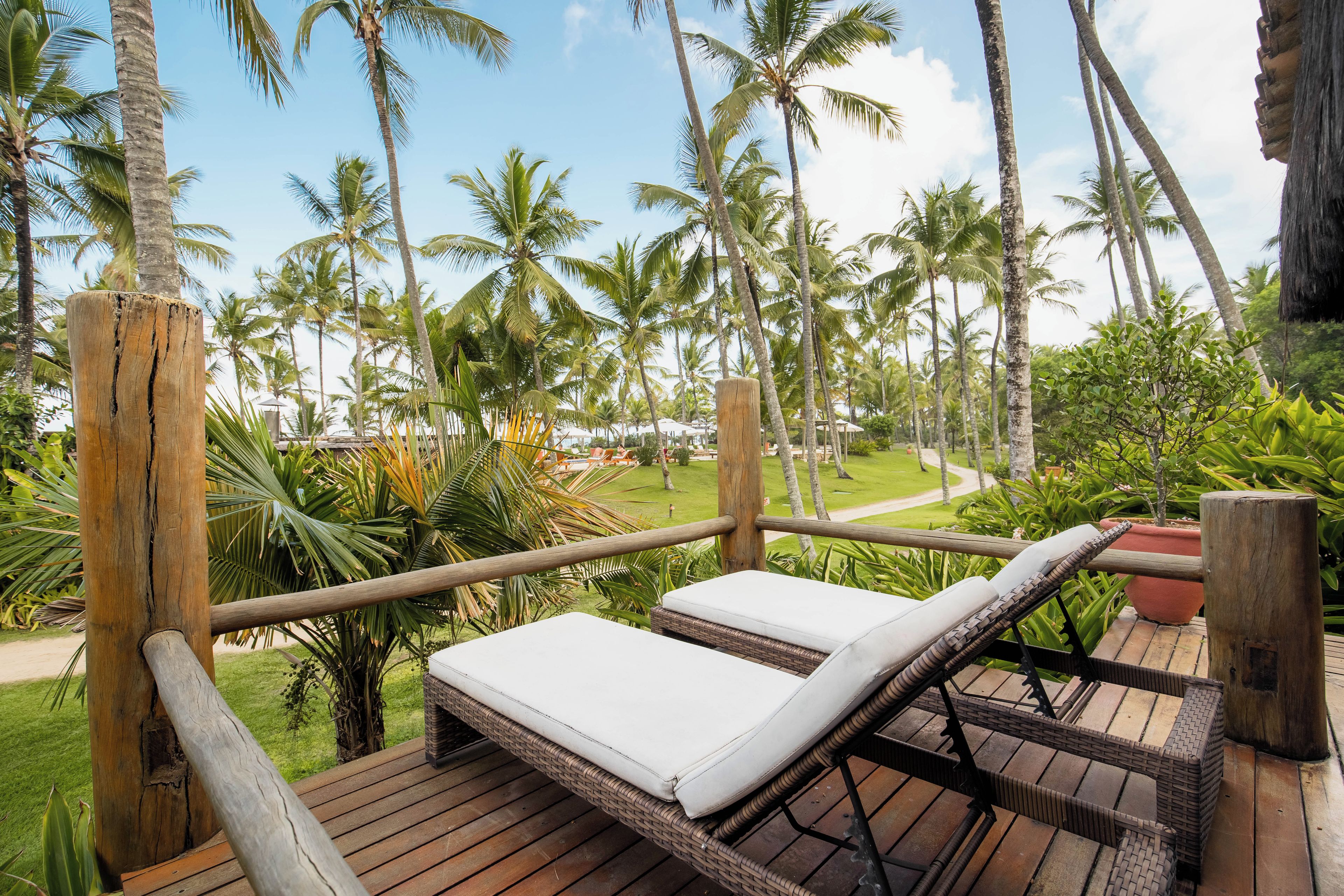 A wooden deck with two lounge chairs, surrounded by palm trees and a clear sky.