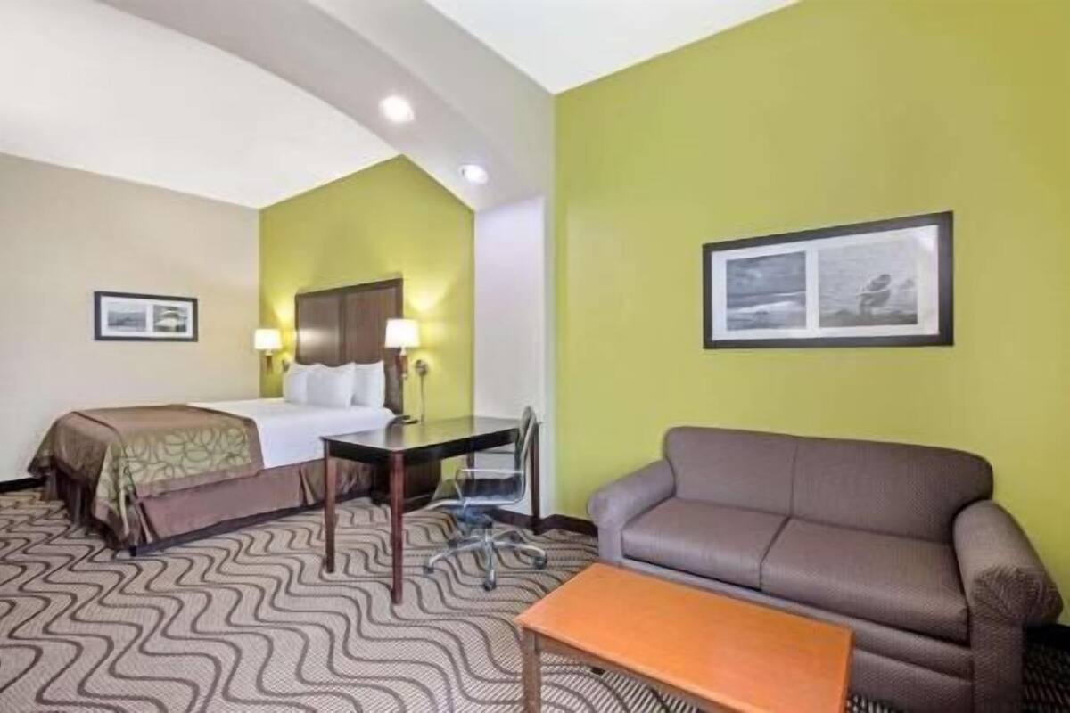 A hotel room with a bed, a desk, a sofa, and a chair.