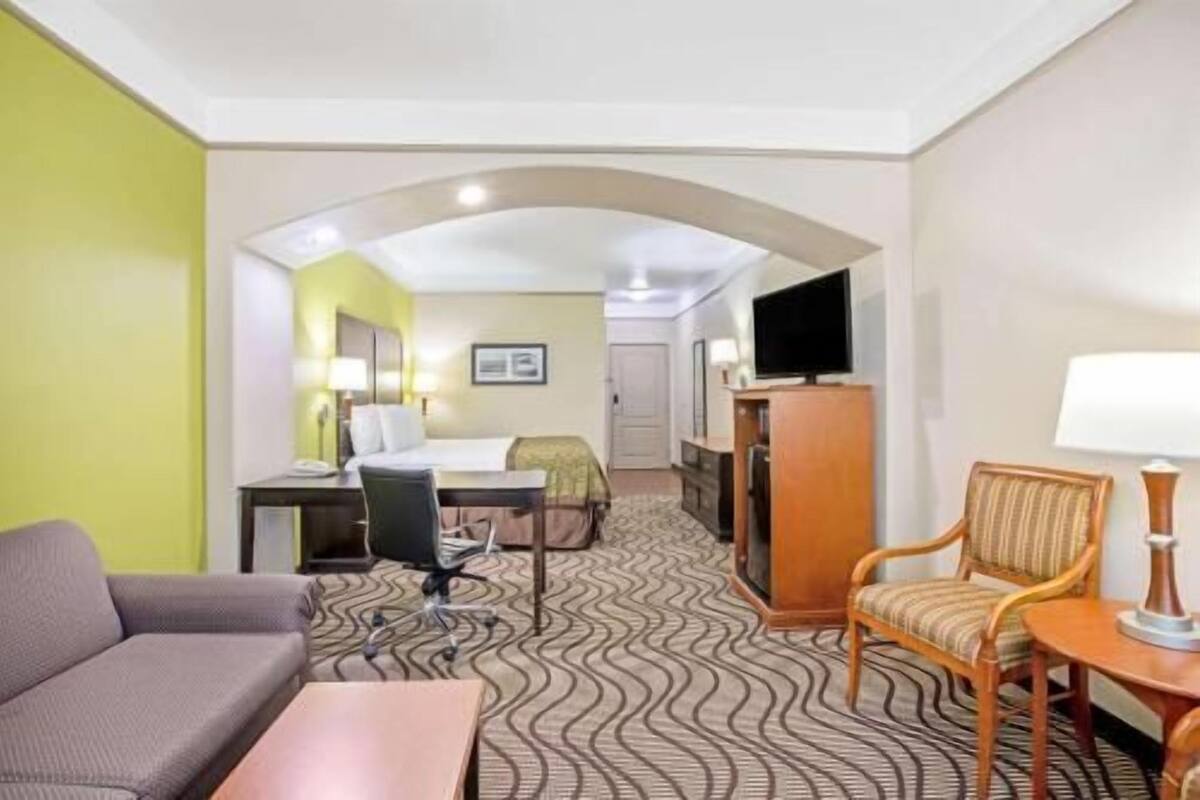 A hotel room with a sofa, a desk with a chair, a television, and a patterned carpet.