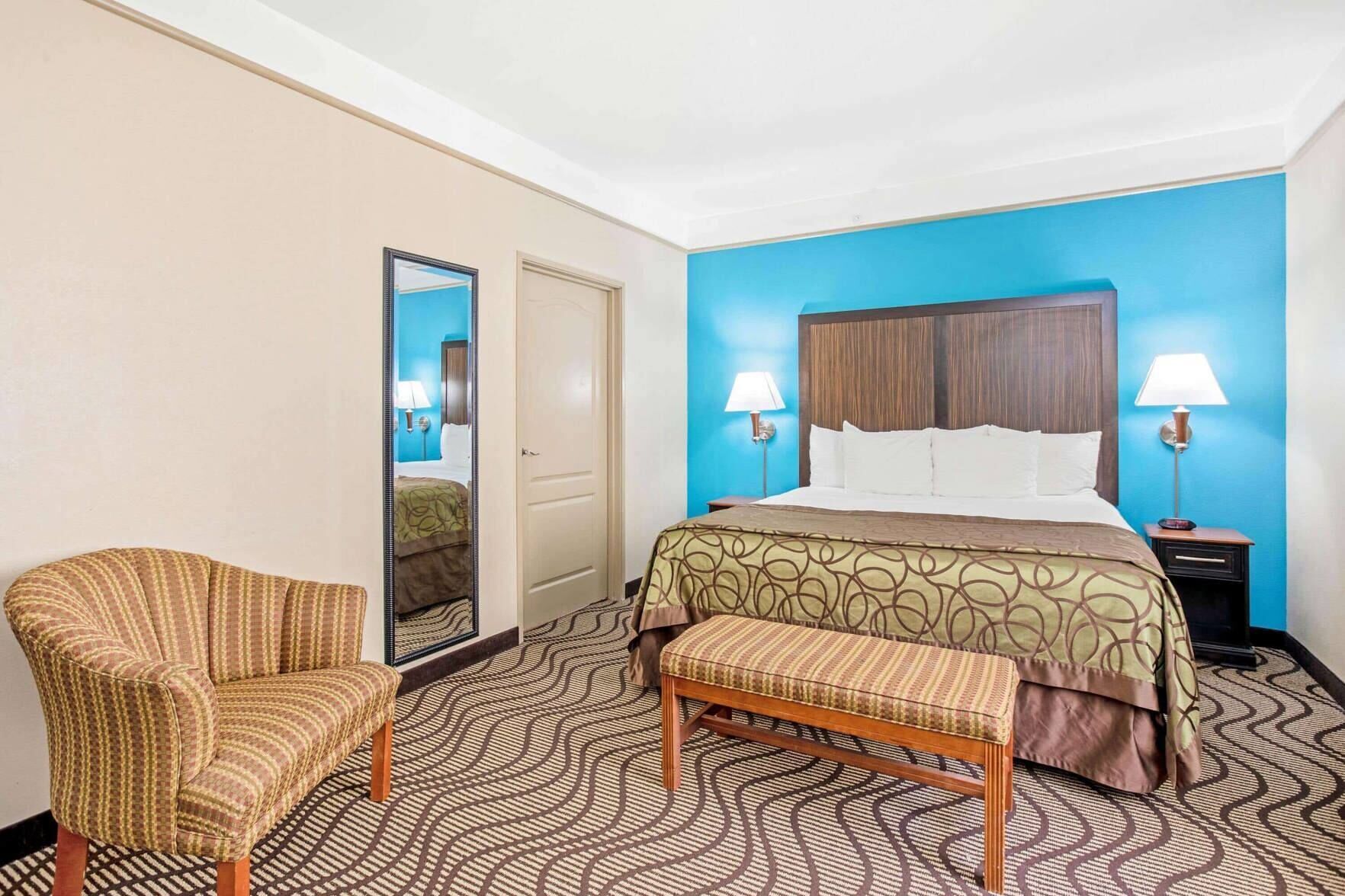 Premium bedding, desk, blackout drapes, iron/ironing board