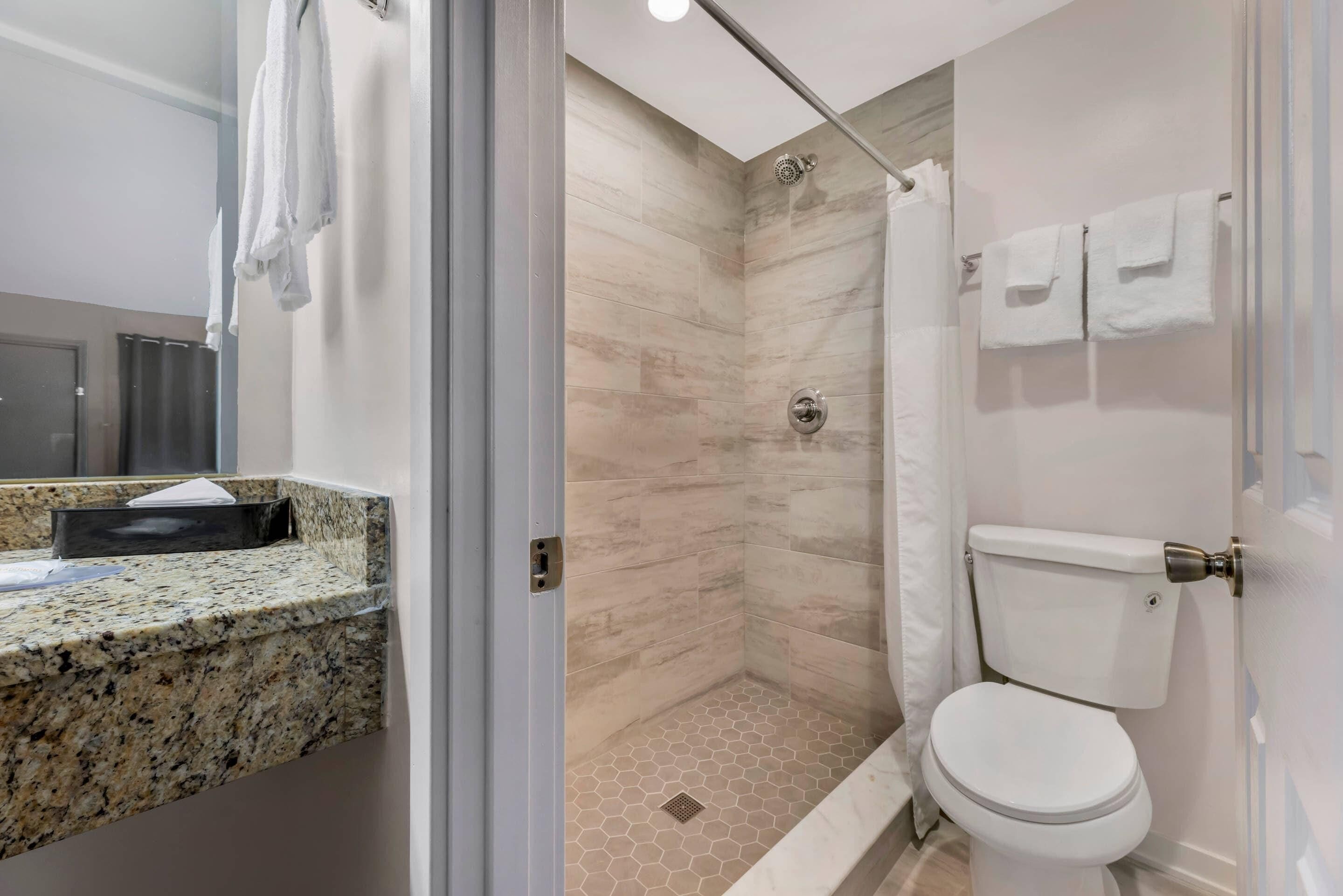 Une salle de bain moderne dotée d’un comptoir en granit, d’une douche avec une porte en verre et de toilettes avec un porte-rouleau de papier toilette.