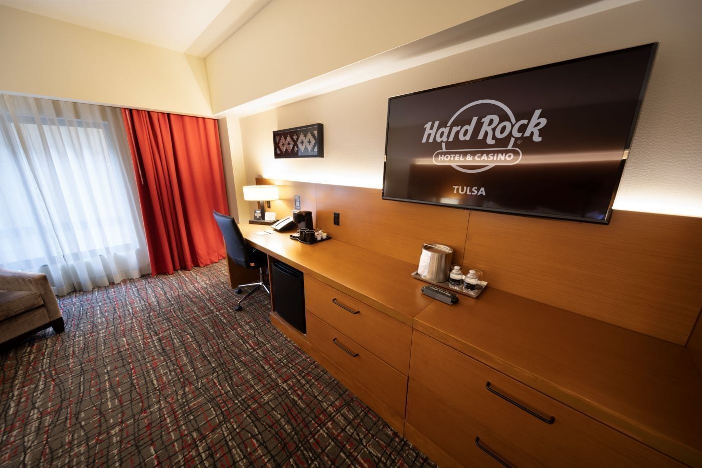 In-room safe, desk, laptop workspace, blackout curtains