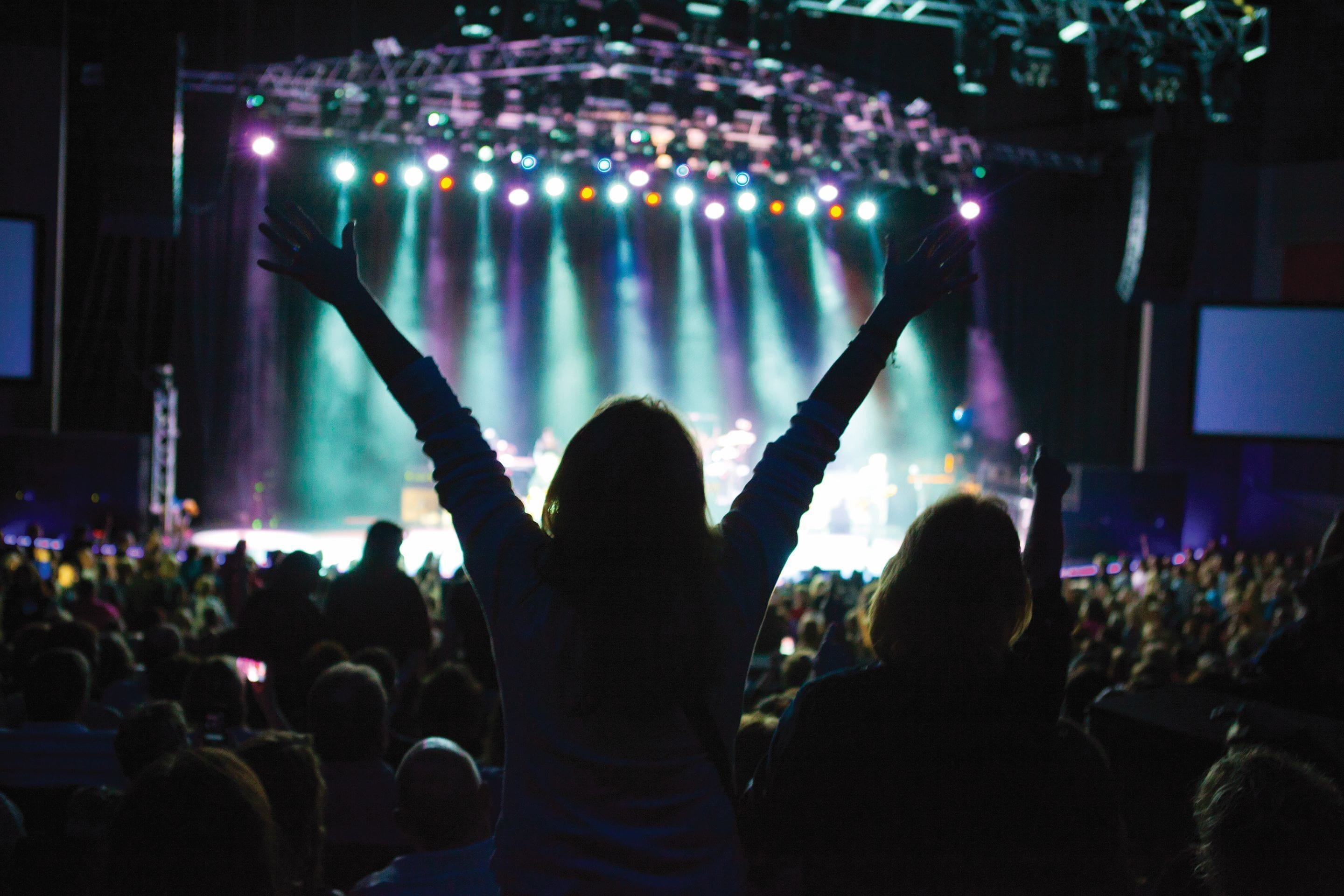 Una multitud en un concierto, con un escenario al fondo.