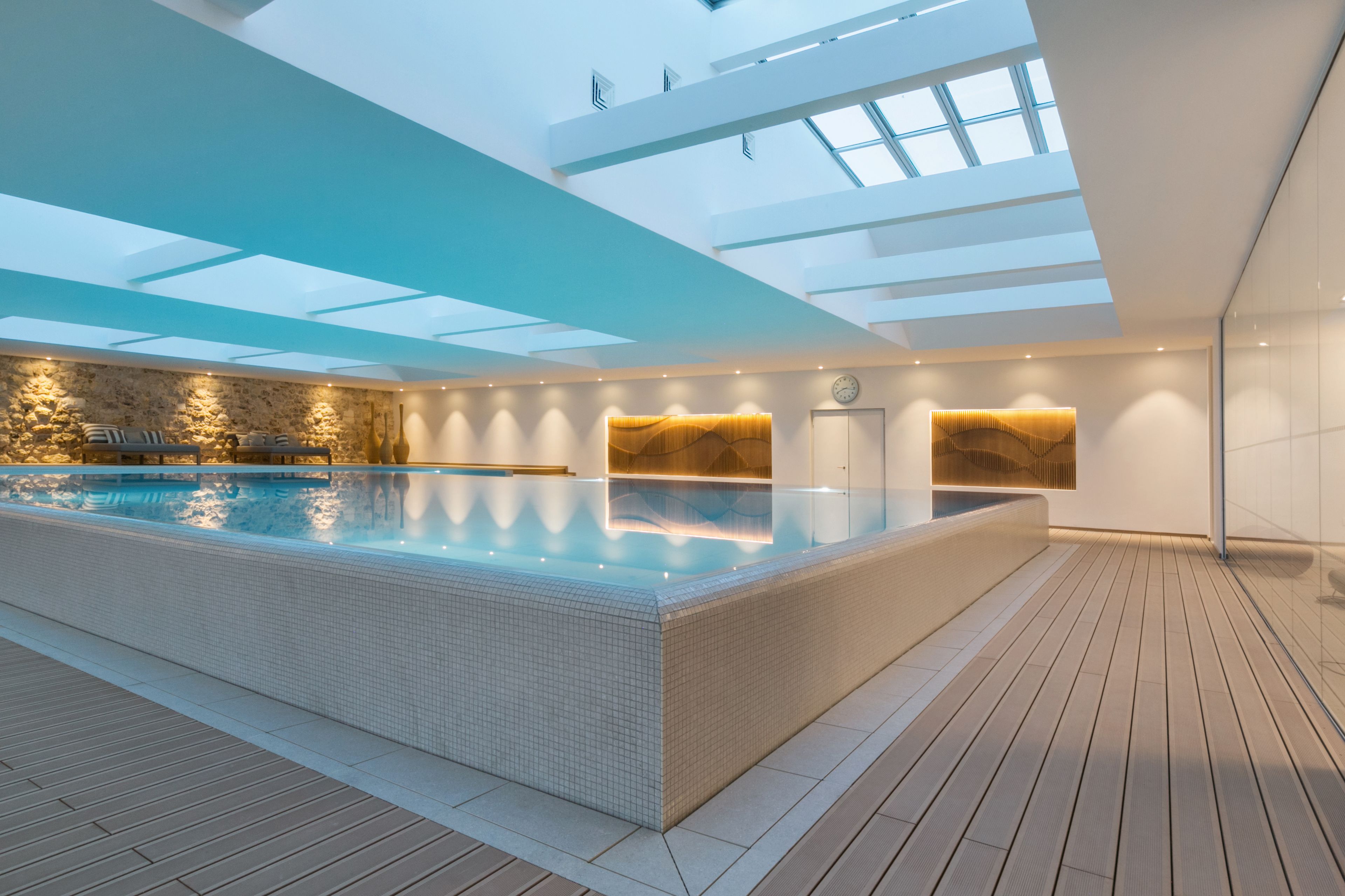 indoor pool, pool loungers