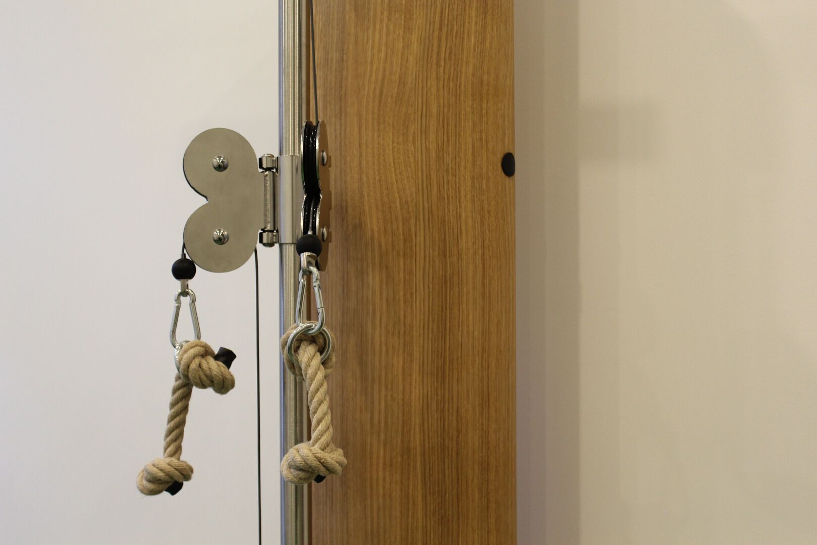 A wooden door with a metal latch and two ropes tied to it.