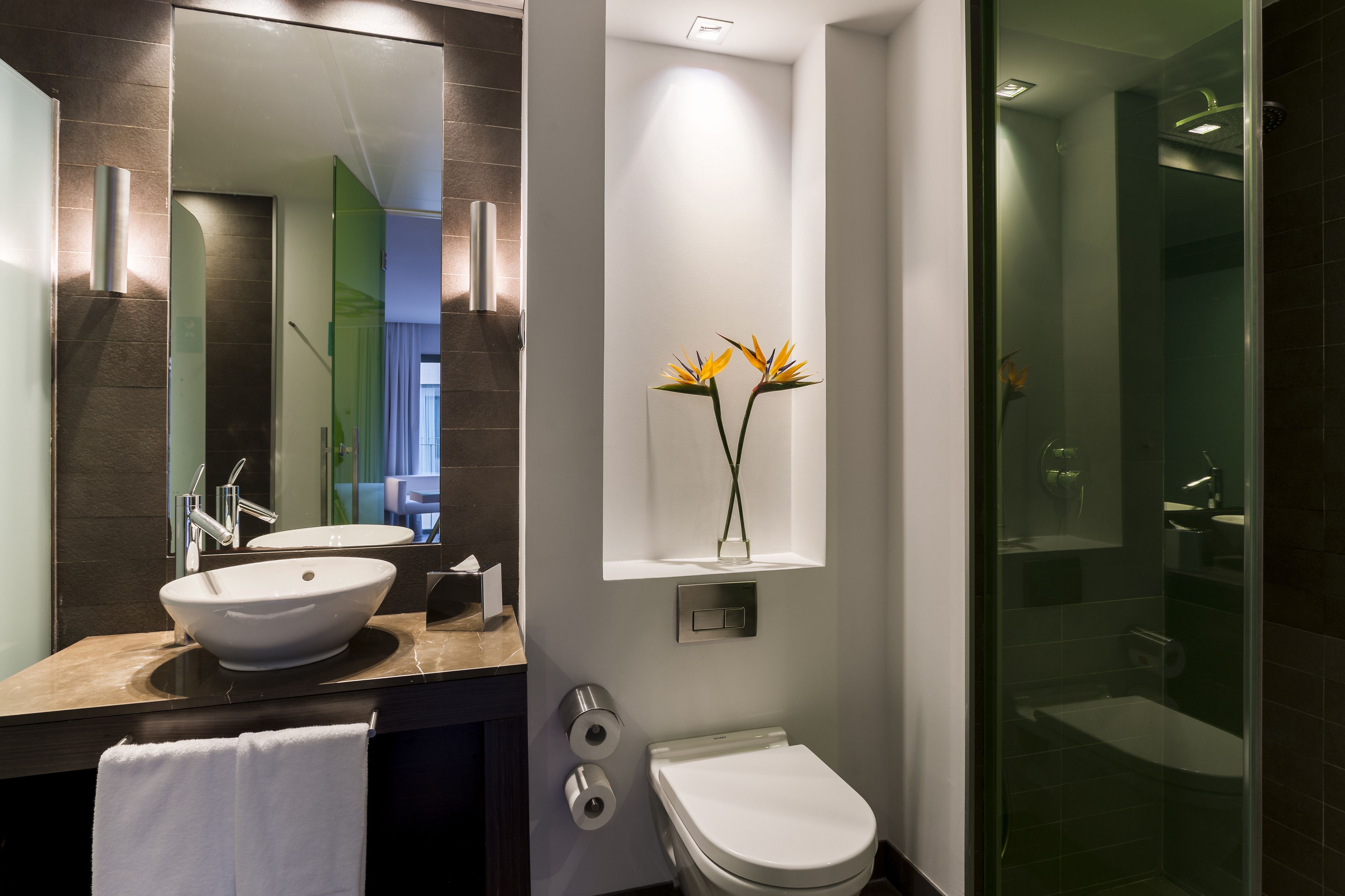 eco-friendly toiletries, hair dryer, towels