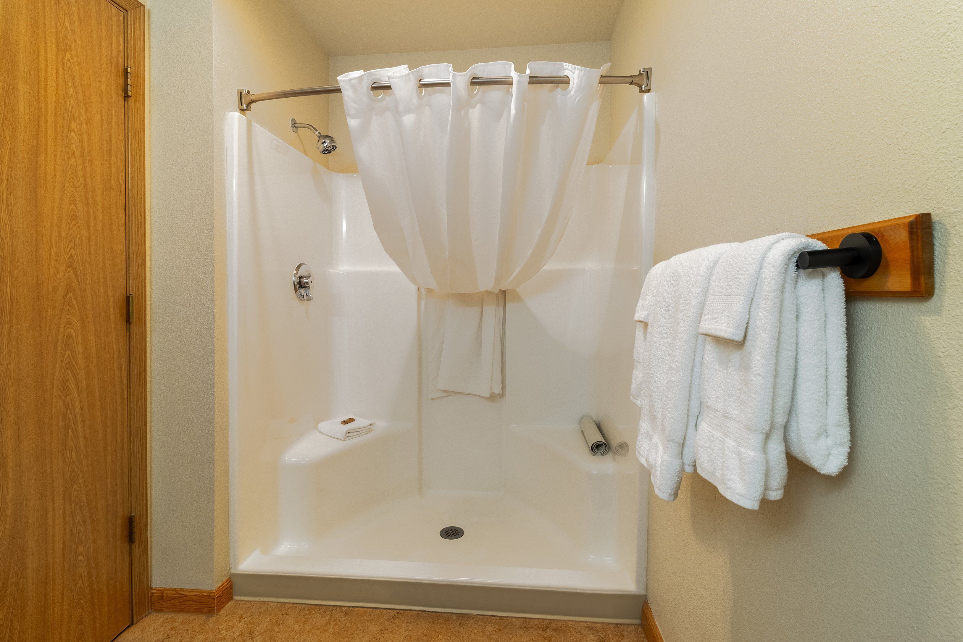 combined shower/bathtub, free toiletries, hair dryer, towels