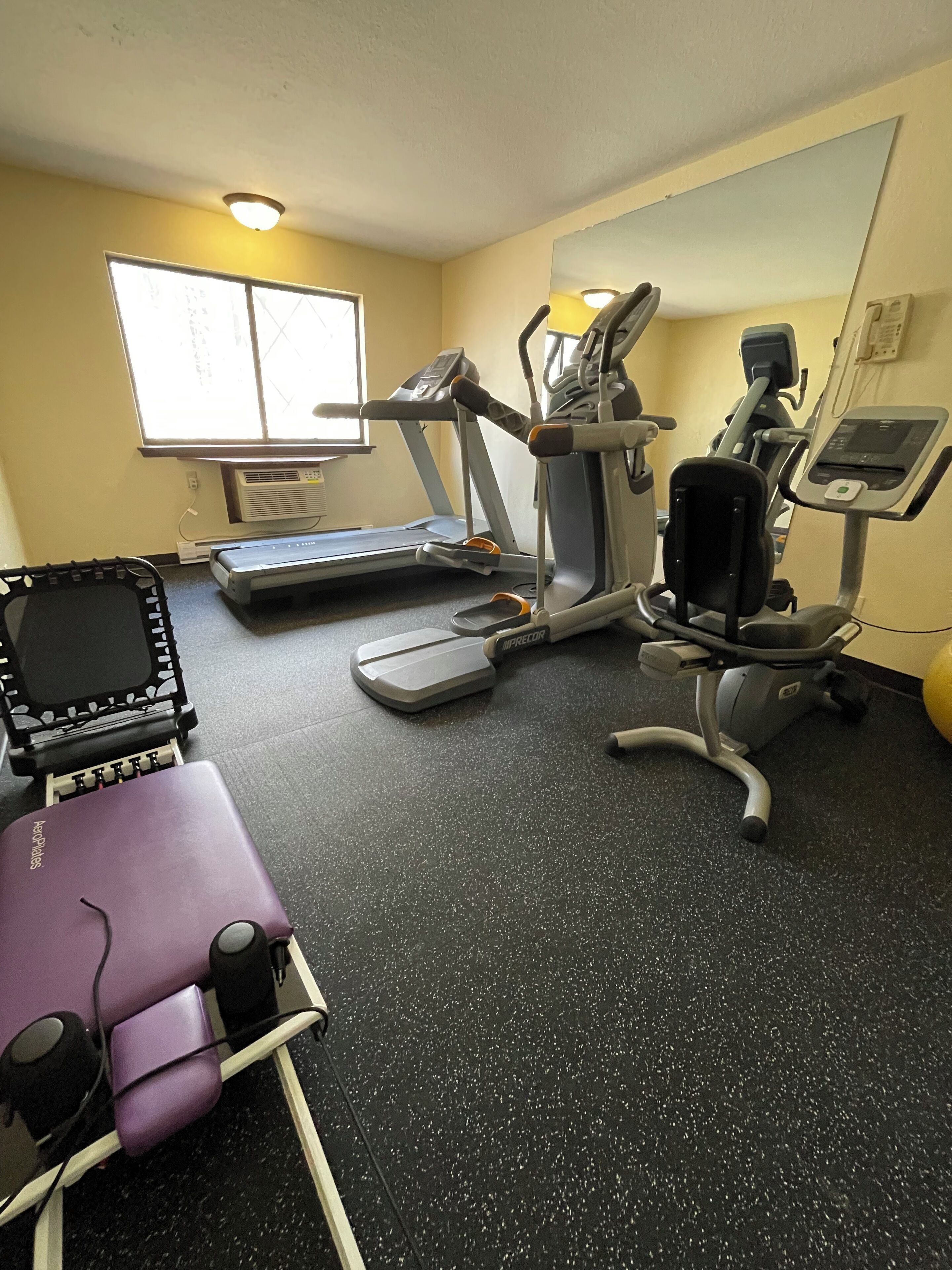 A gym with treadmills, an elliptical, and a stationary bike. There is a purple exercise mat and a small table with a laptop.