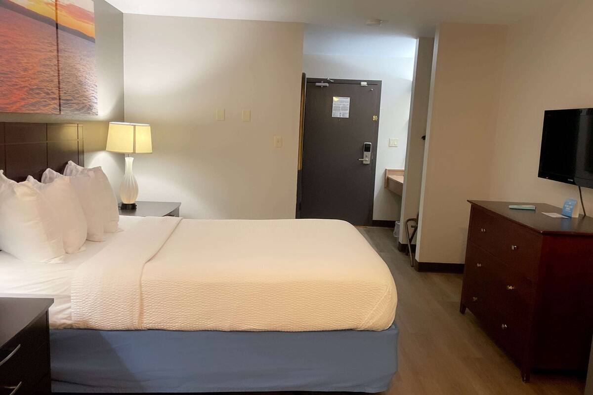 Una habitación de hotel con una cama, una mesita de noche con lámpara, un armario, un televisor y una puerta que da a un baño.