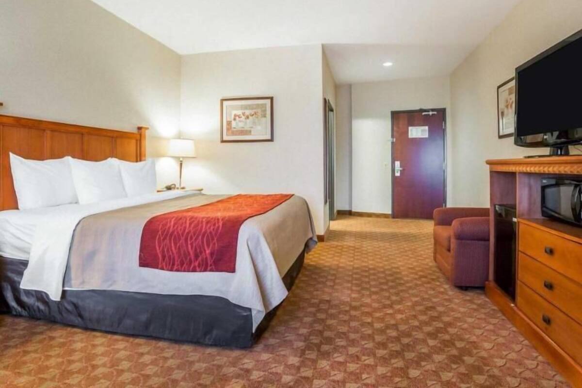 A hotel room with a bed, a television, a desk, and a door.