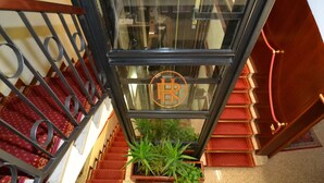 A staircase with red carpeted steps and a glass railing. A potted plant is placed at the bottom of the stairs. - Hotel Residence (Parma)