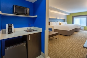 Suite, 2 Queen Beds | Desk, laptop workspace, blackout drapes, iron/ironing board