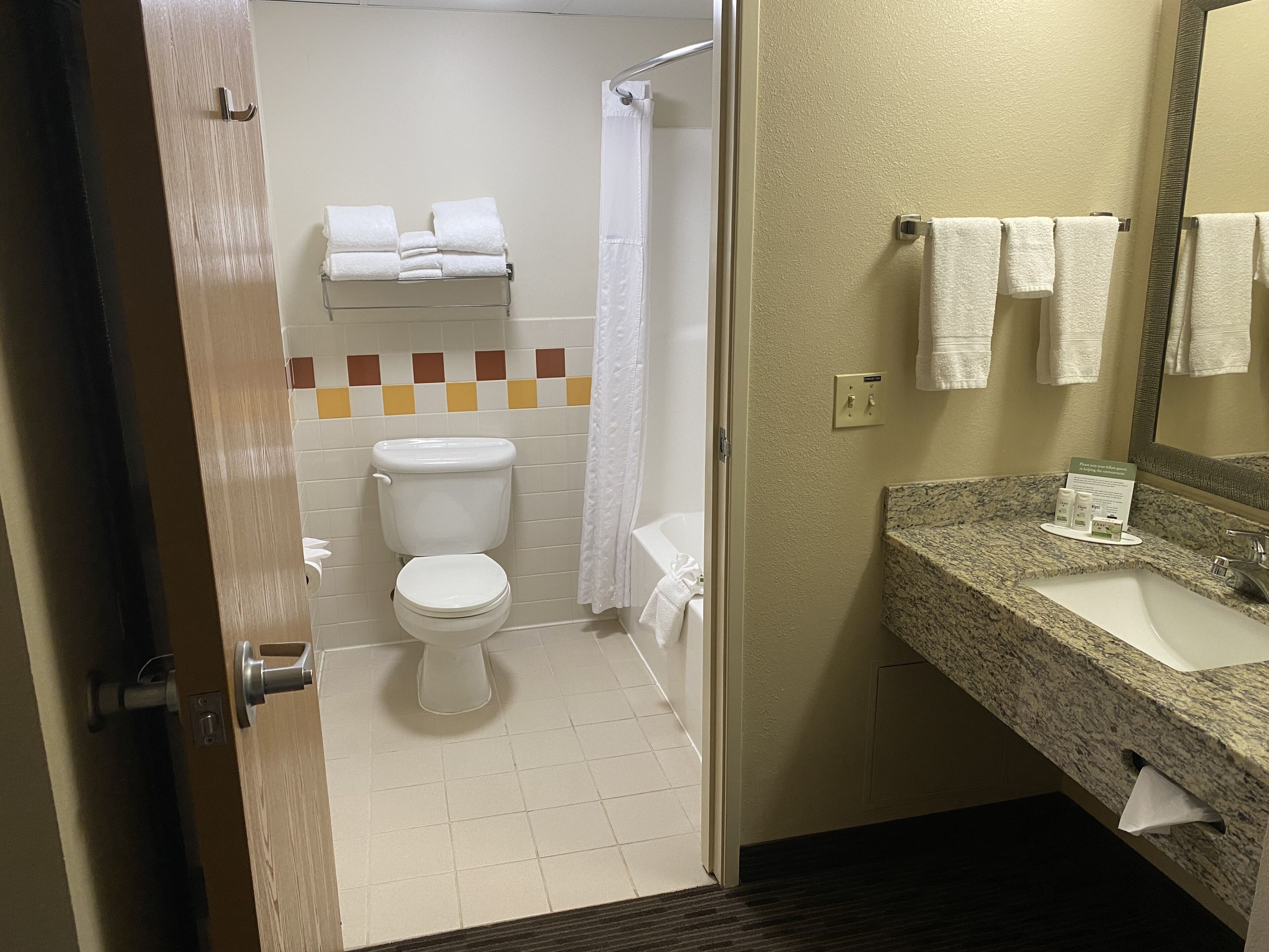 combined shower/bathtub, free toiletries, hair dryer, towels