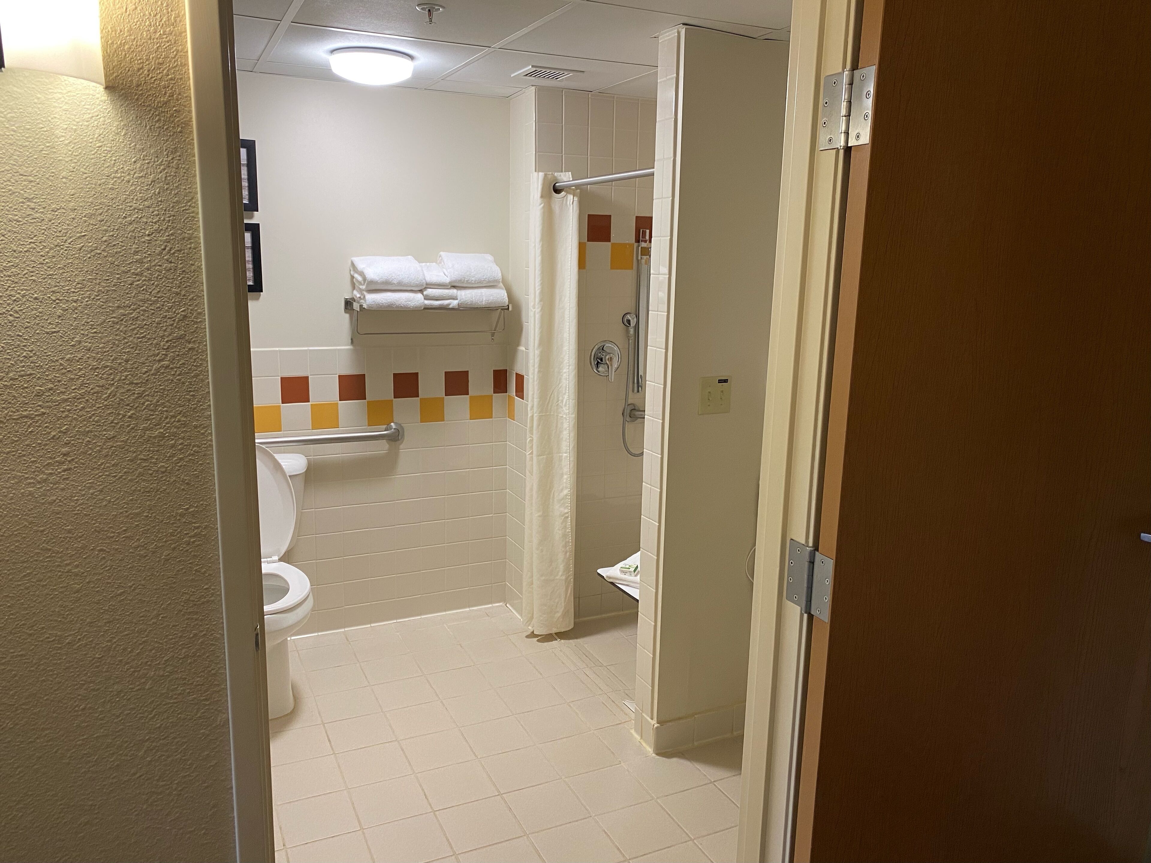 combined shower/bathtub, free toiletries, hair dryer, towels