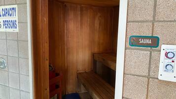 A sauna with wooden benches and a heat control panel.