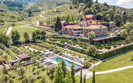 A large estate with a swimming pool, manicured gardens, and terraced vineyards.