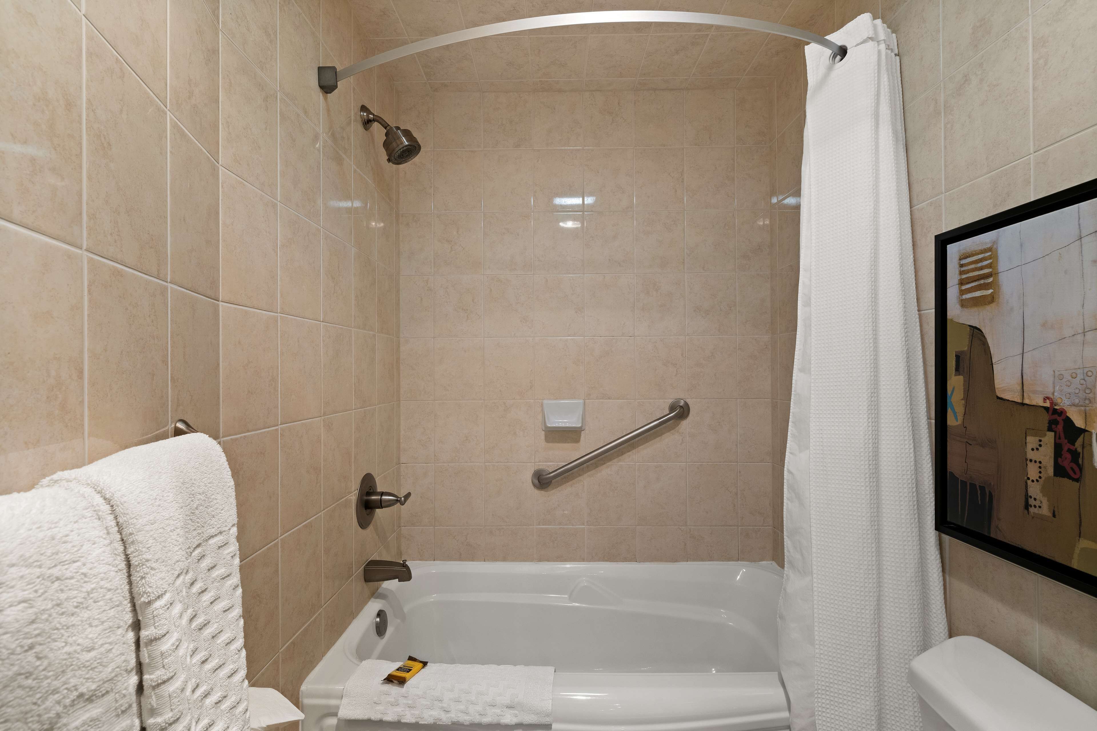 A bathroom with a bathtub, a shower, and a toilet. There is a towel rack with a towel, a soap dish, and a handrail.