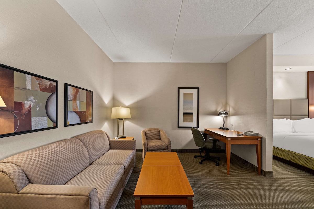 A hotel room with a sofa, a desk, a chair, a bed, and artwork on the walls.