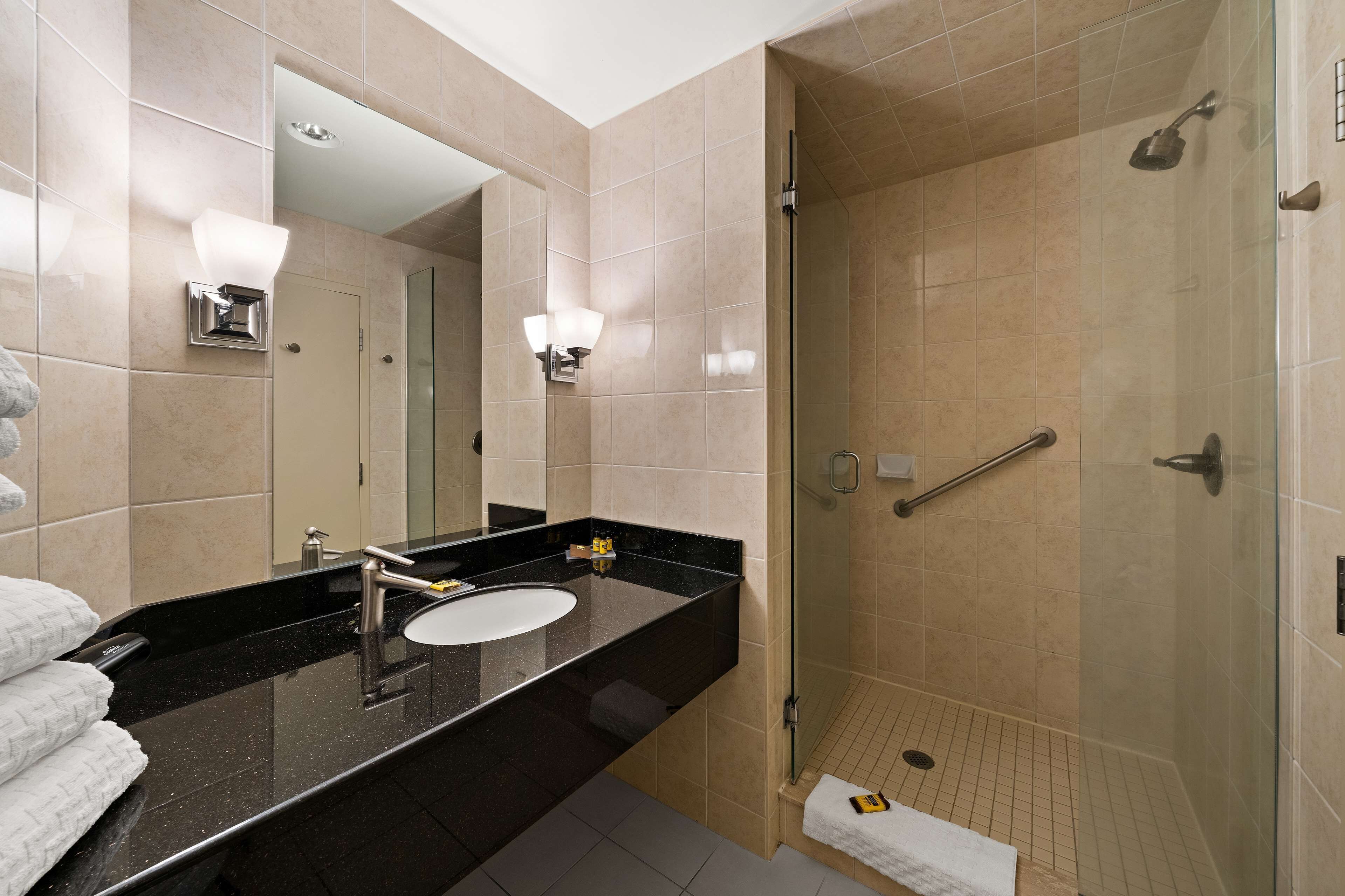 suite, 1 king bed, non smoking, fireplace | bathroom | shower, hair dryer, towels