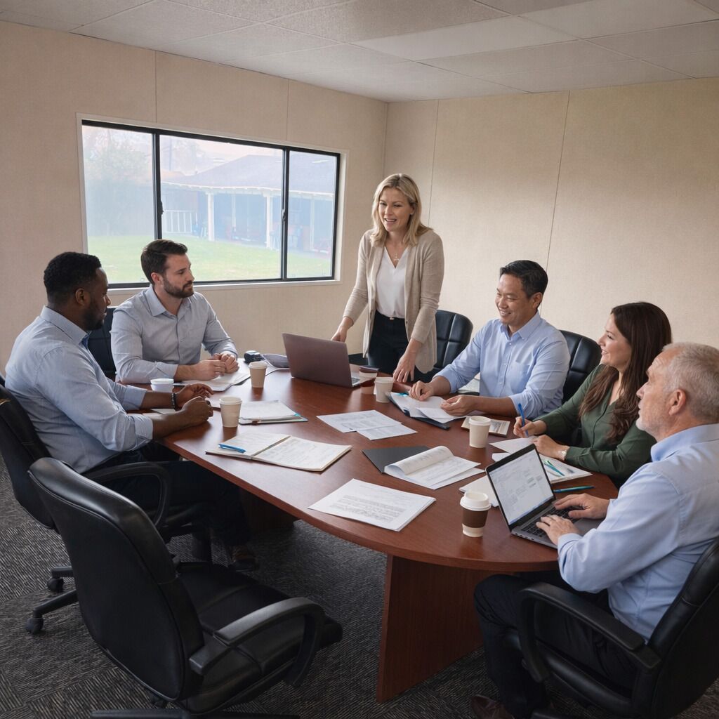 A conference room with a round table, chairs, laptops, documents, and coffee cups.