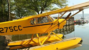 A yellow seaplane with the registration number 275CC parked on a body of water, surrounded by trees and other boats.