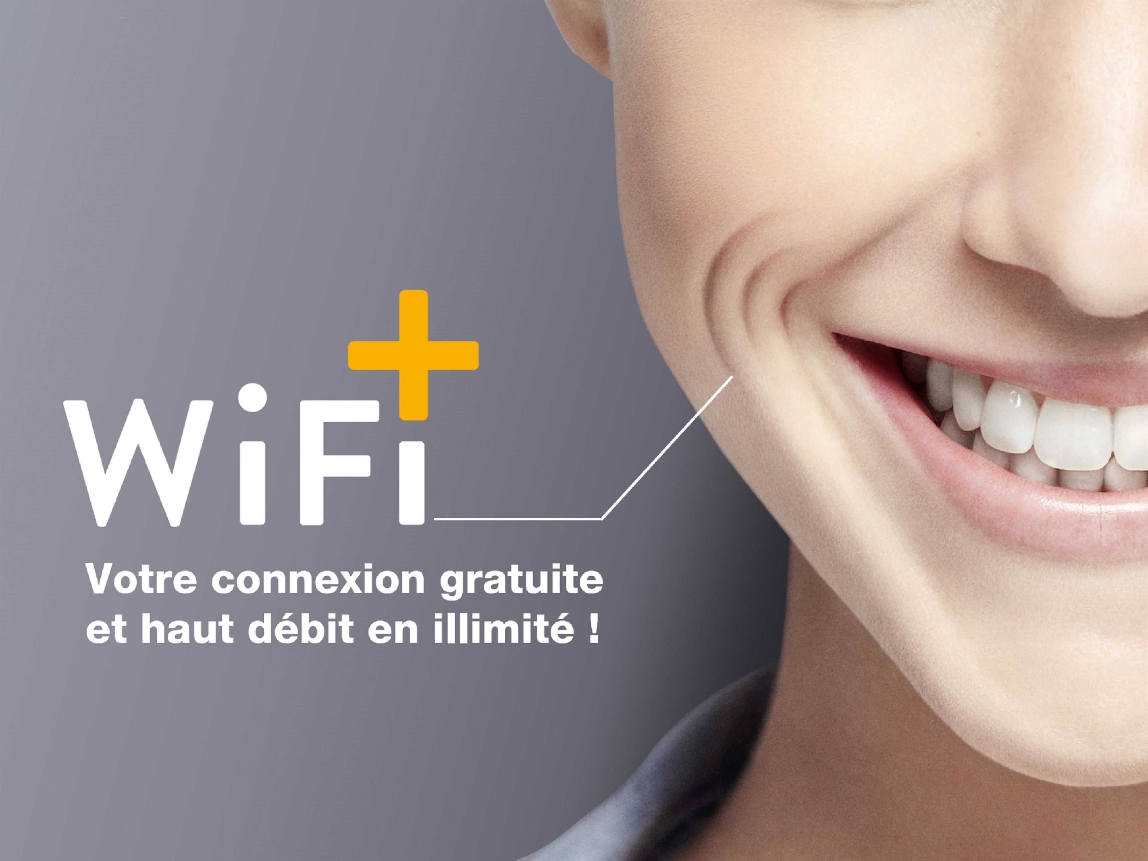 A person with a WiFi symbol and text indicating free and unlimited high-speed internet.