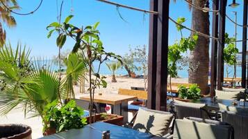 An outdoor seating area with tables and chairs, surrounded by potted plants and a view of the beach.