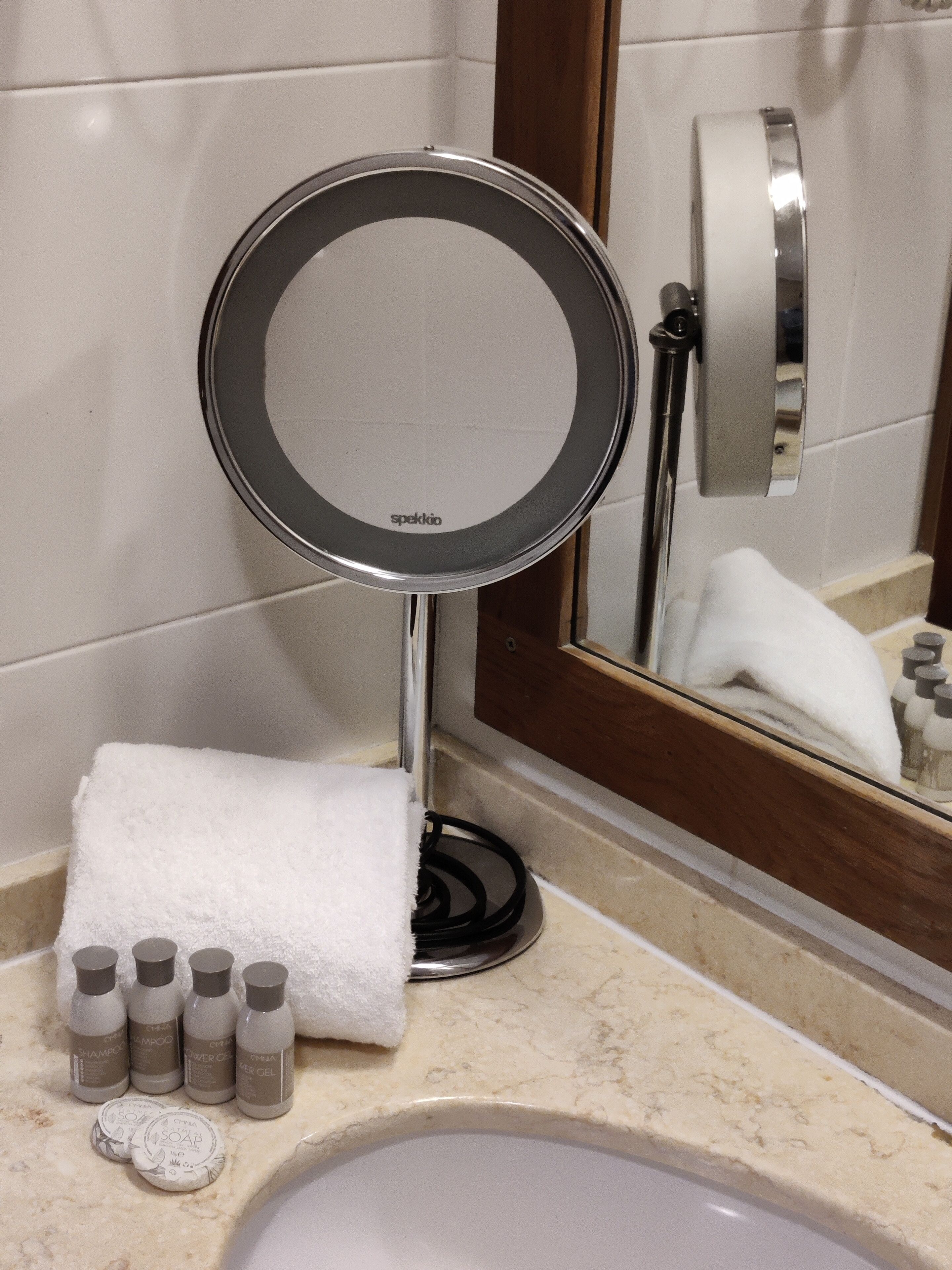 free toiletries, hair dryer, slippers, towels