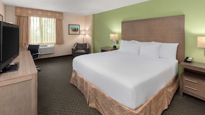 A hotel room with a large bed, a desk with a television, a chair, and a nightstand with a lamp.