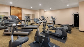 A gym with multiple cardio machines, including treadmills and elliptical trainers, arranged in a spacious room with a carpeted floor and neutral-colored walls.