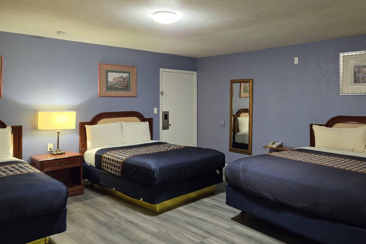 A hotel room with two beds, a bedside table with a lamp, a door, a mirror, and a framed picture on the wall.