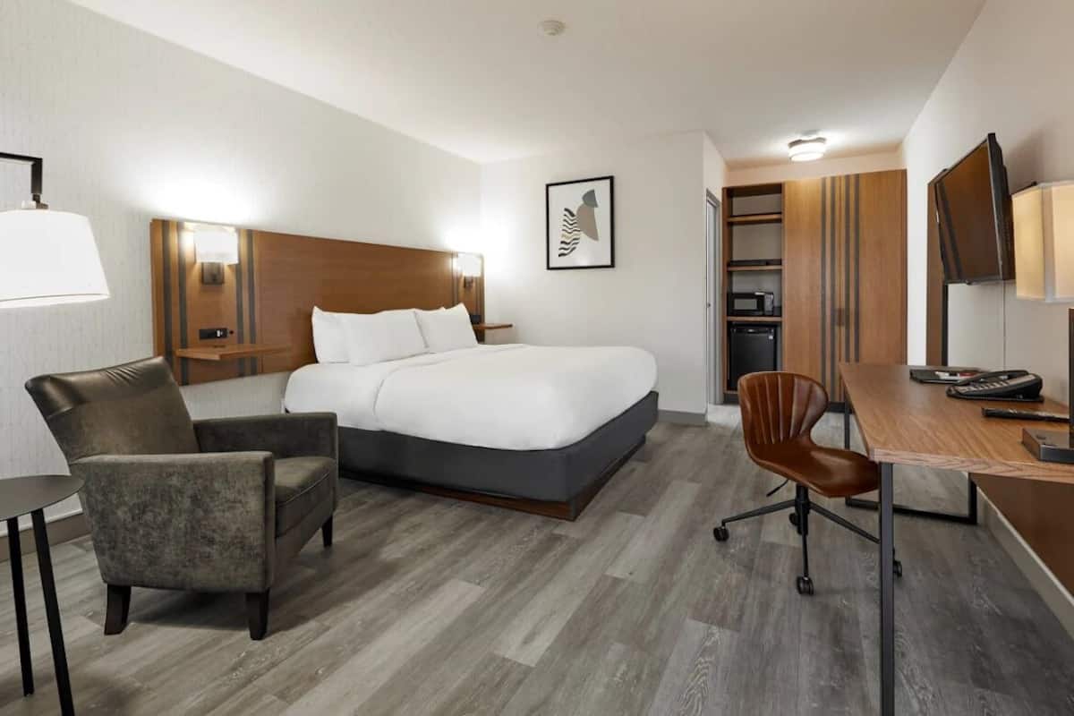 A hotel room with a bed, a desk, a chair, a lamp, a TV, and a microwave.
