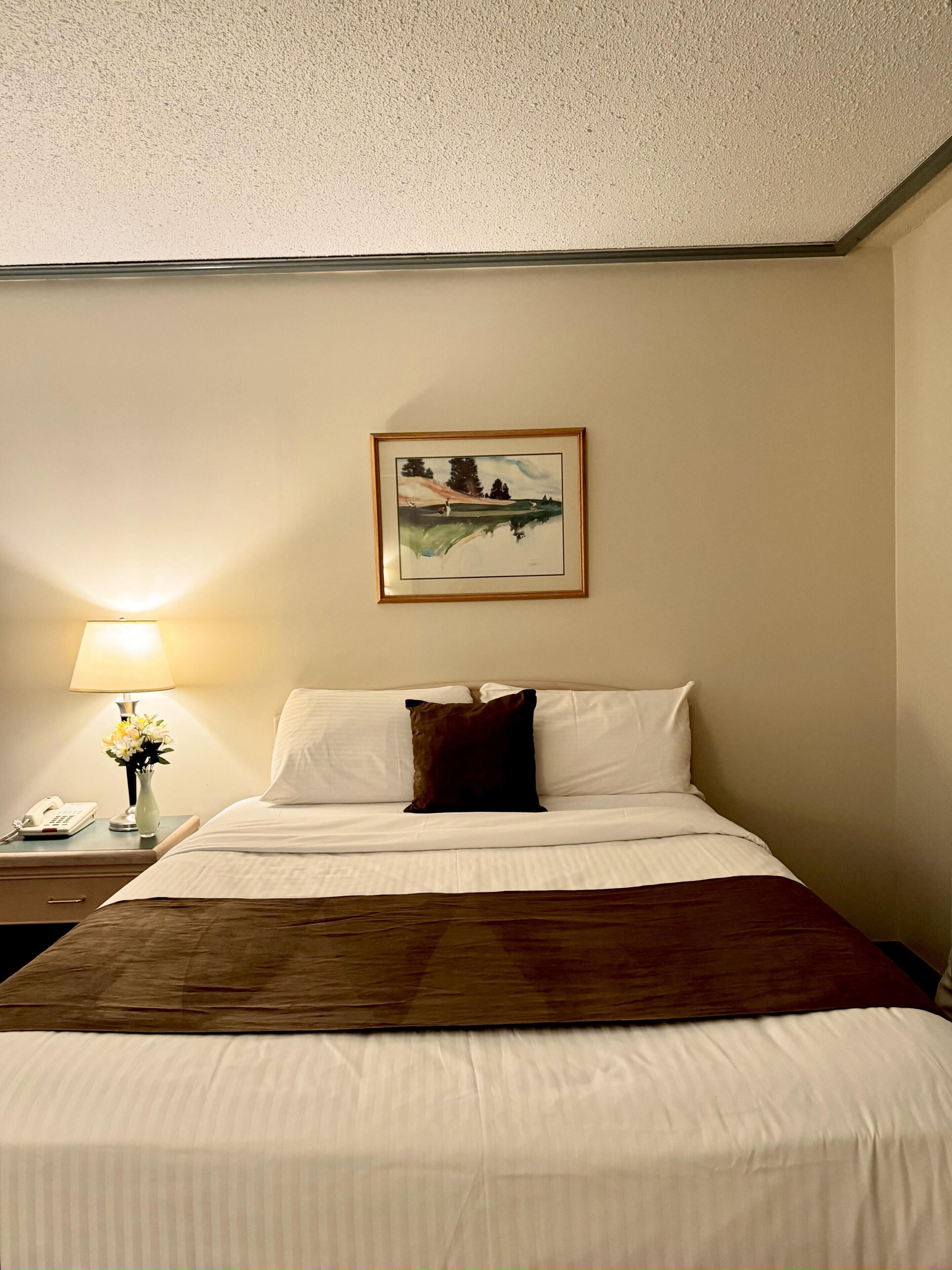 Een hotelkamer met een bed, een nachtkastje met lamp en telefoon, en een schilderij aan de muur.