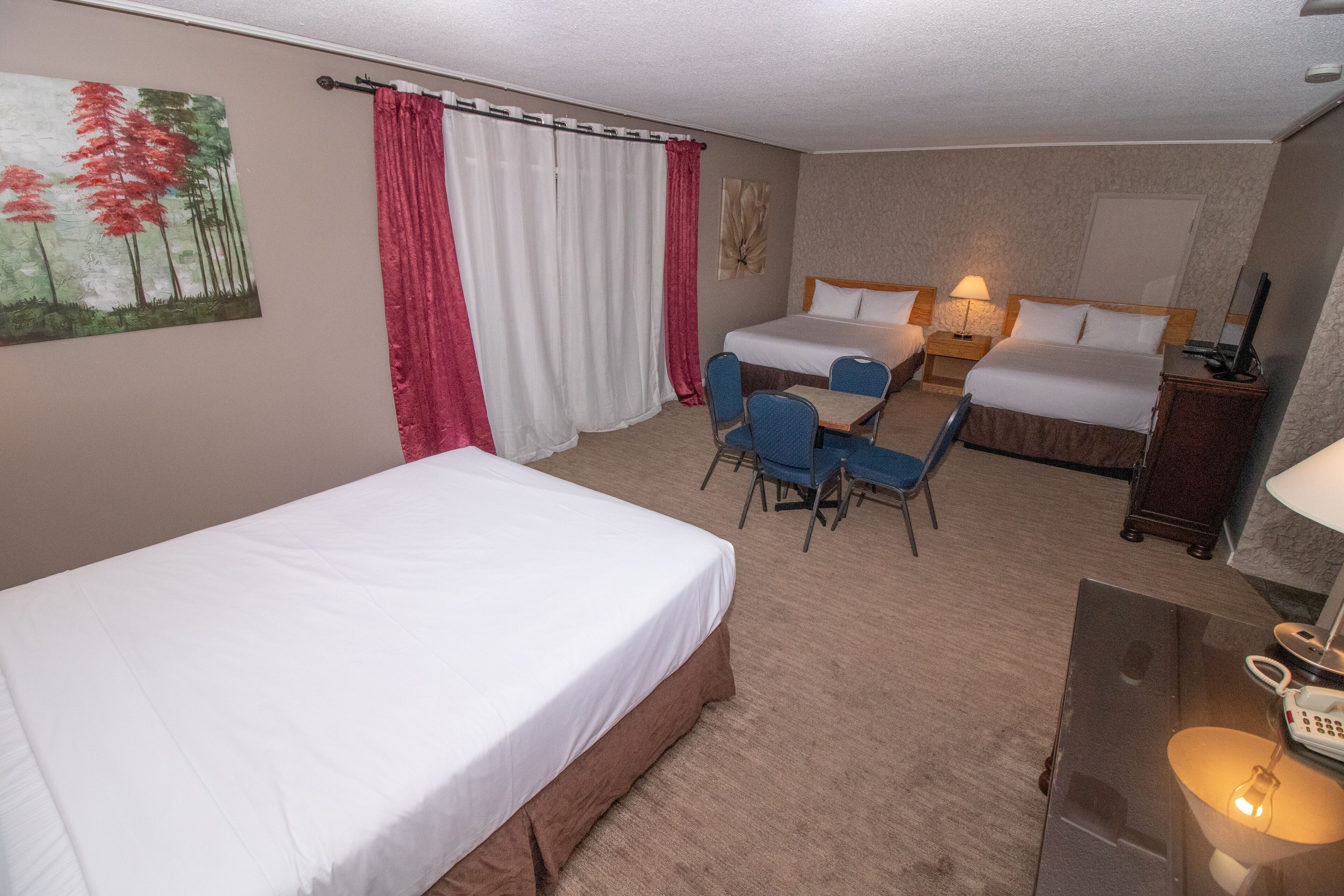 1 bedroom, desk, blackout curtains, iron/ironing board