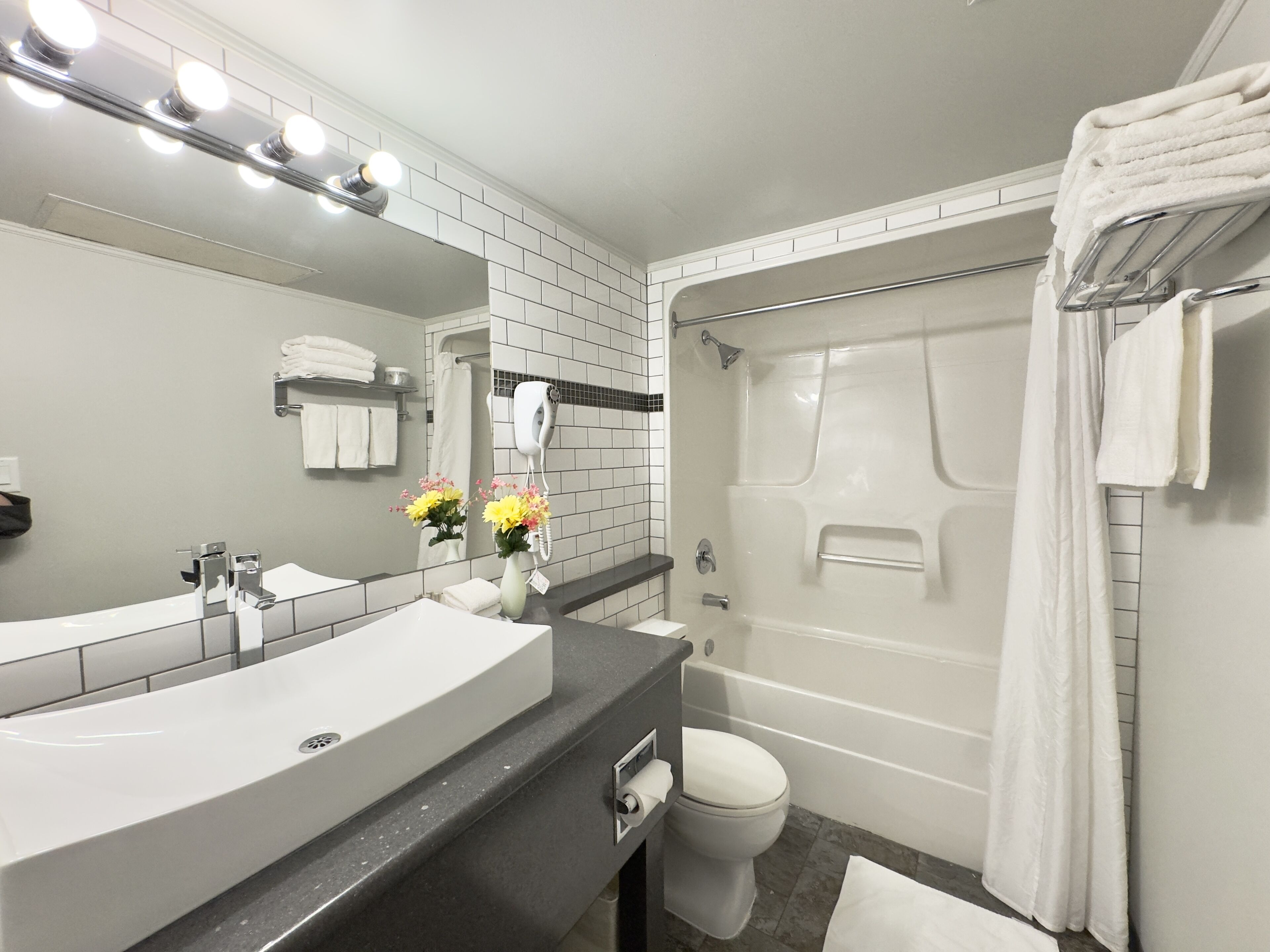A modern bathroom with a large sink, a toilet, and a bathtub.