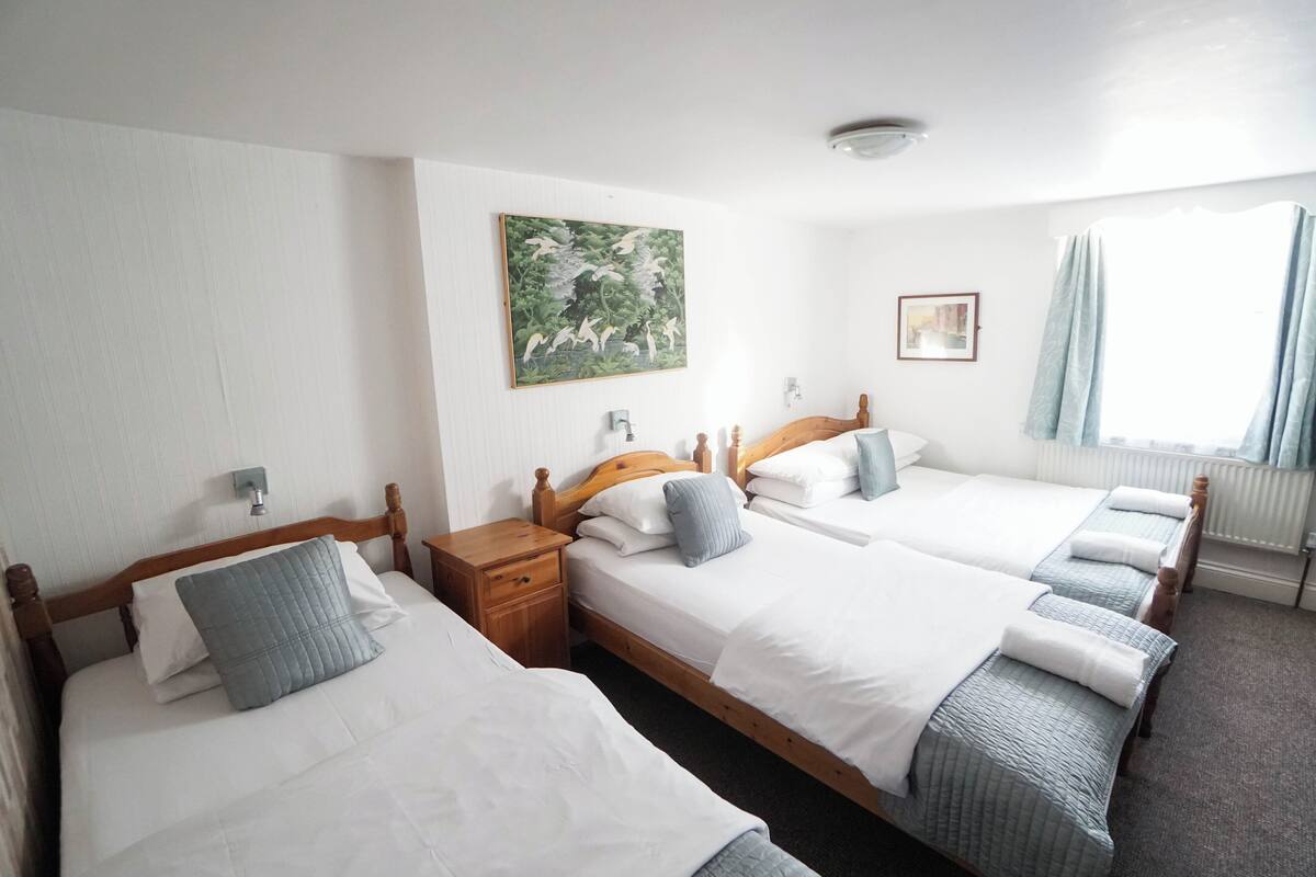 A hotel room with two single beds, a wooden headboard, a nightstand, a painting on the wall, and a window with curtains.