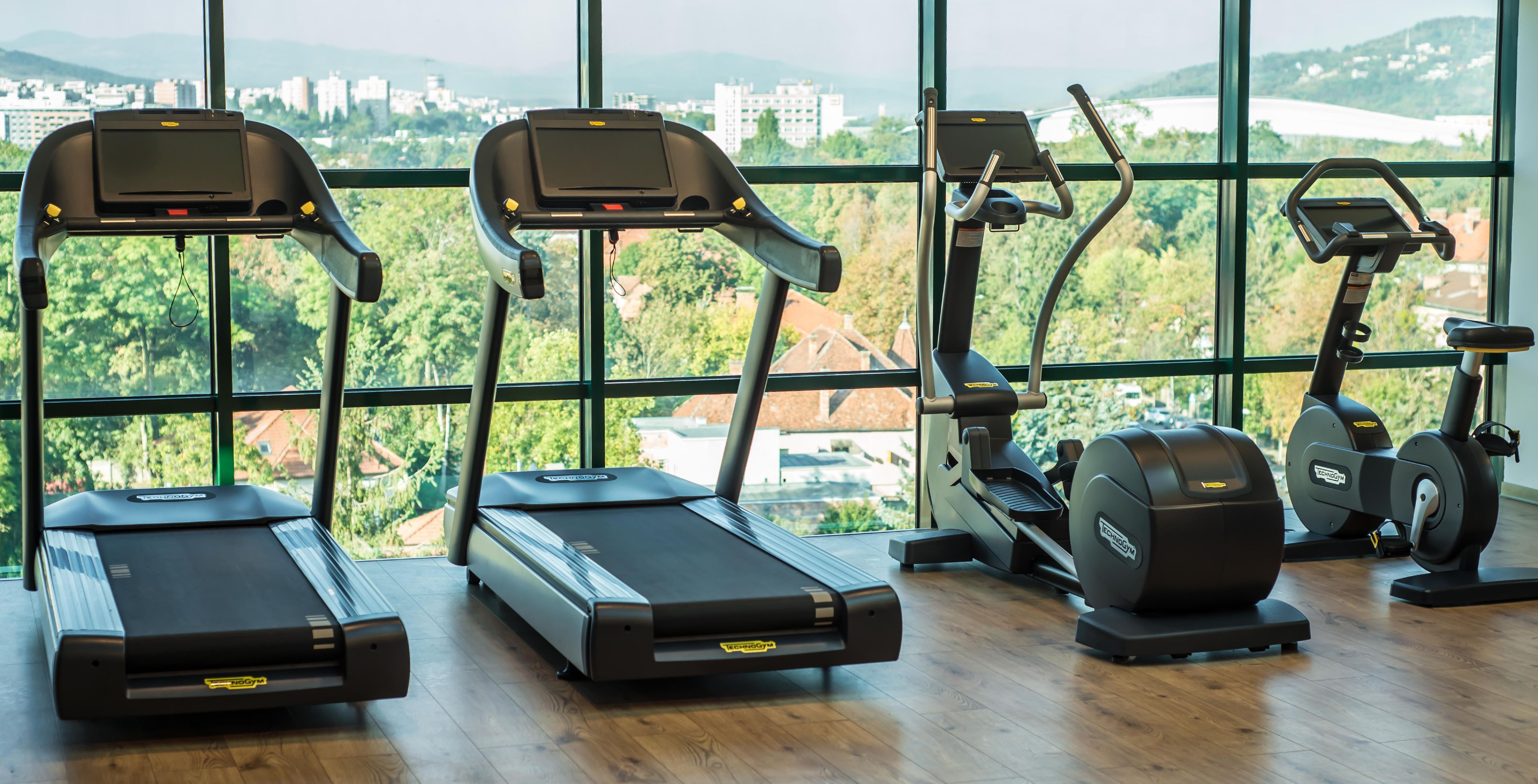 A gym with treadmills, an elliptical, and a stationary bike, with a cityscape view through large windows.