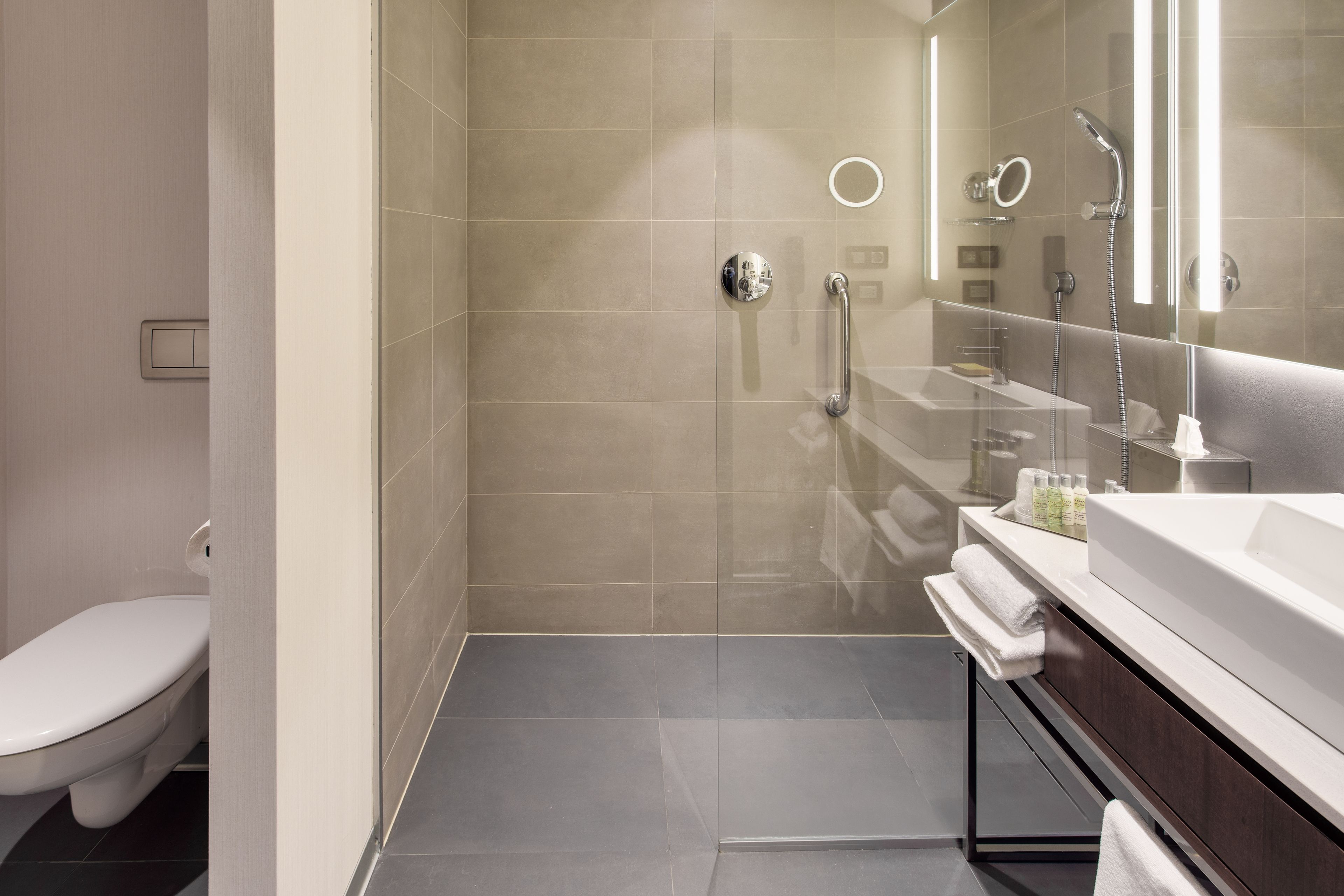 A modern bathroom with a glass-enclosed shower, a white toilet, and a vanity with a mirror and towel rack.