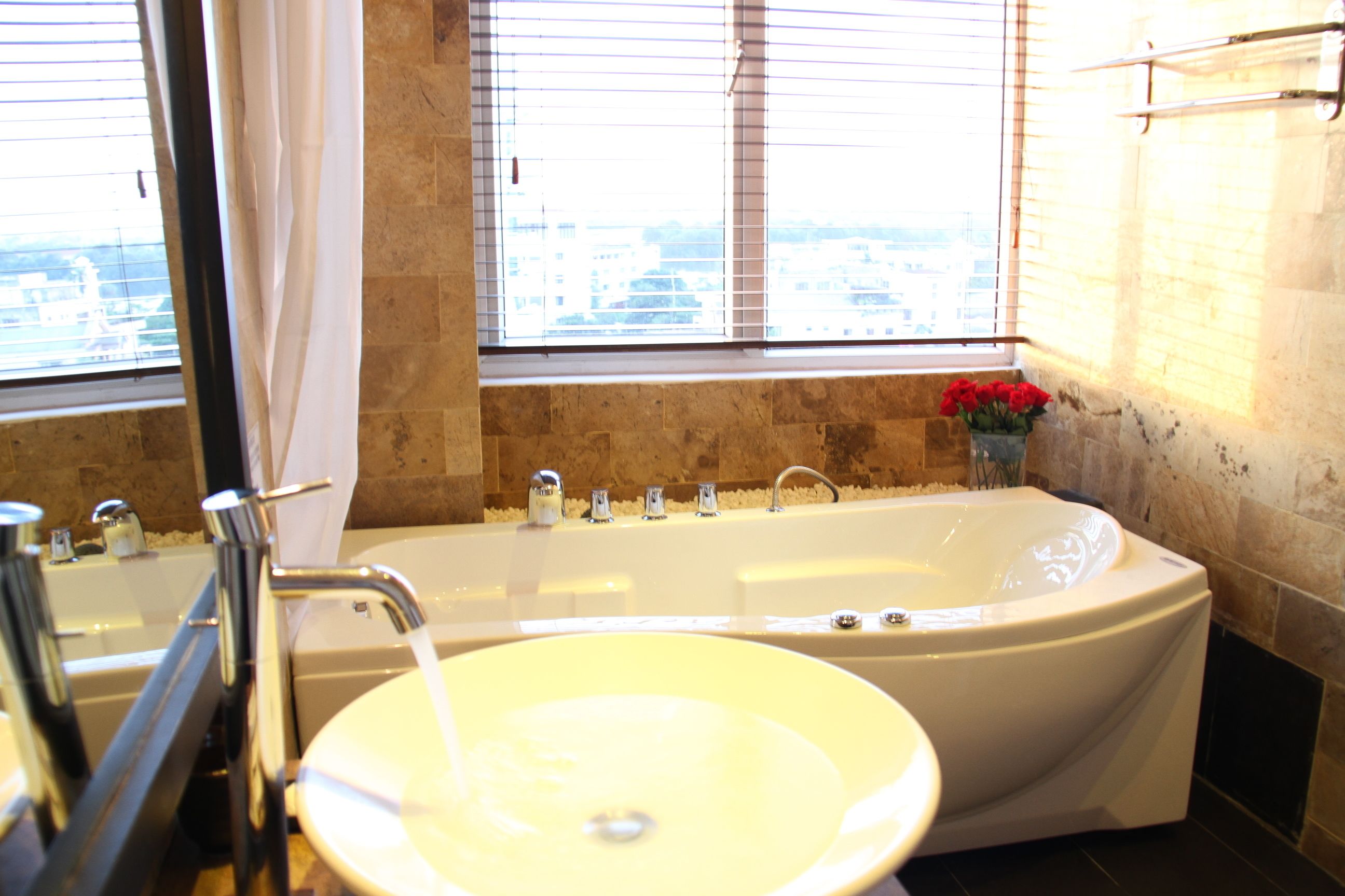 romantic room | bathroom | combined shower/bathtub, deep-soaking bathtub, hair dryer, bathrobes