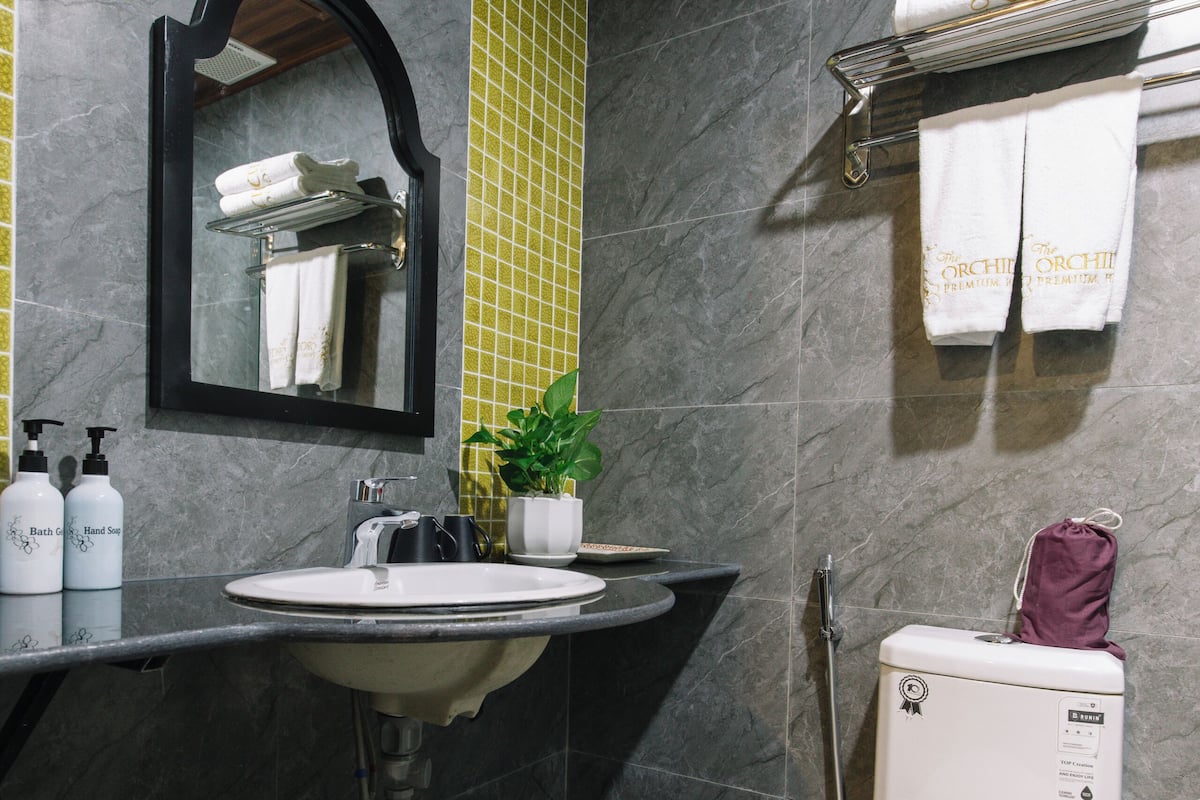 A bathroom with a sink, mirror, and toilet.