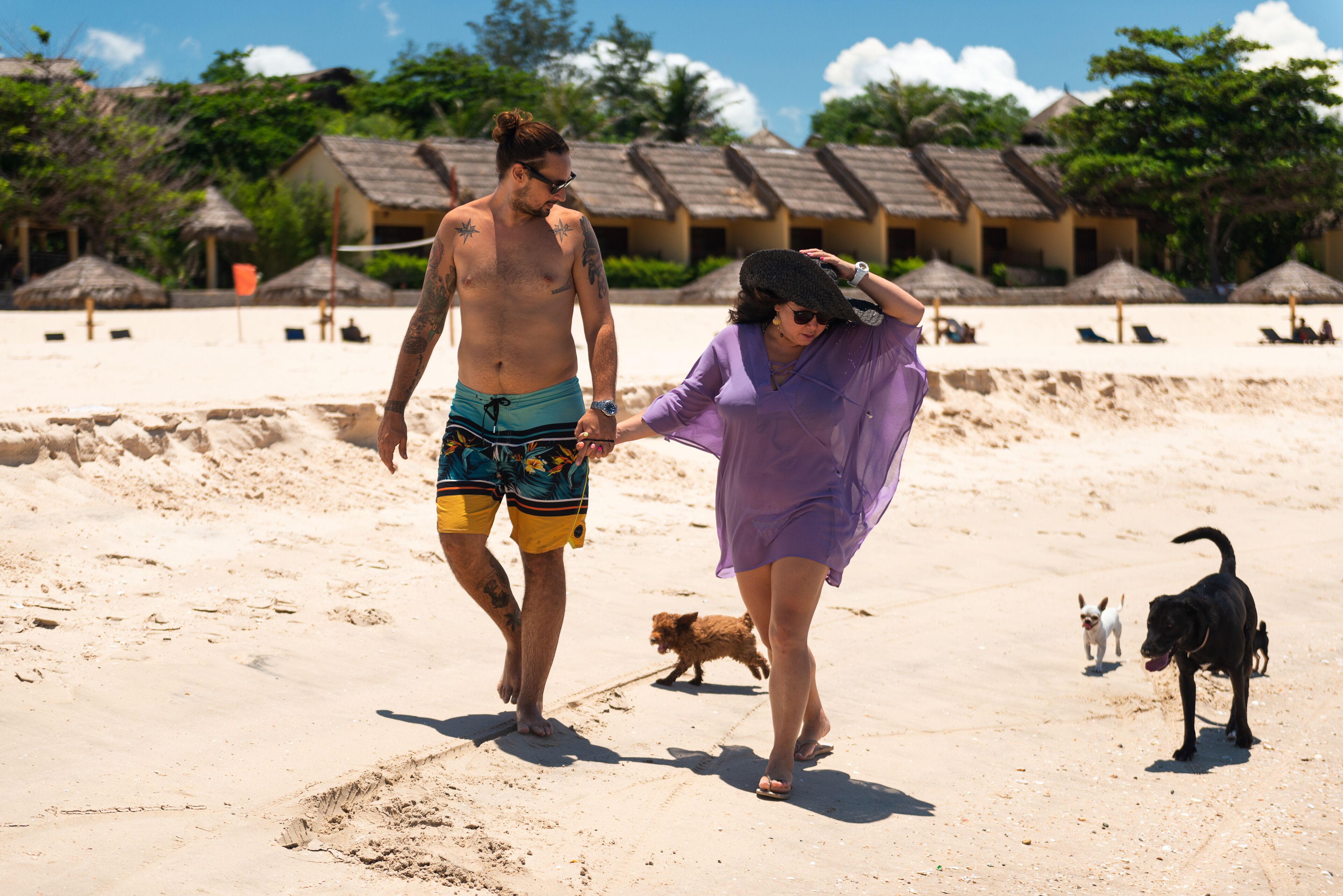 Escena de playa con un hombre, una mujer caminando, un perro y otro perro negro.