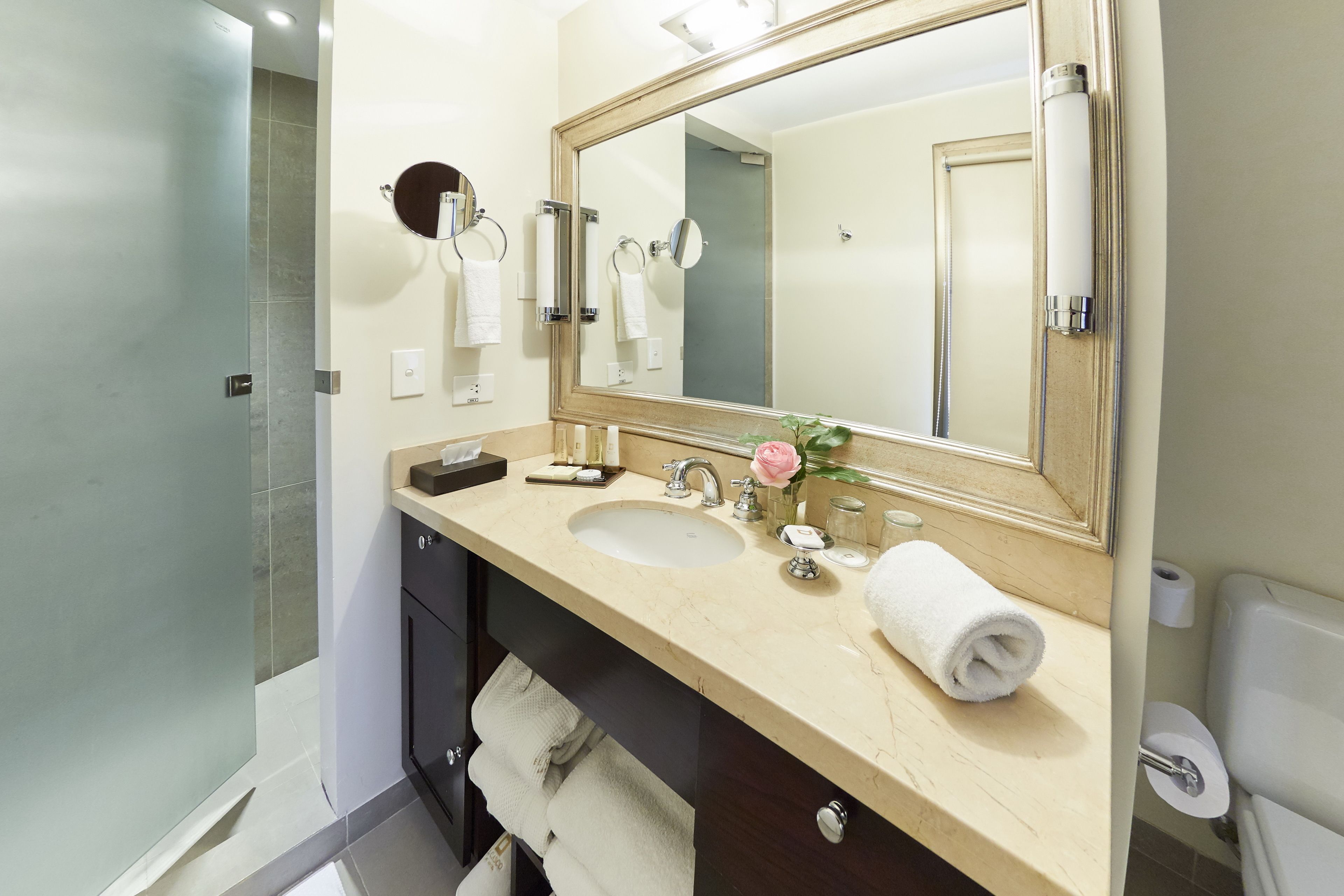 A modern bathroom with a large mirror, two sinks, a shower, and a toilet.