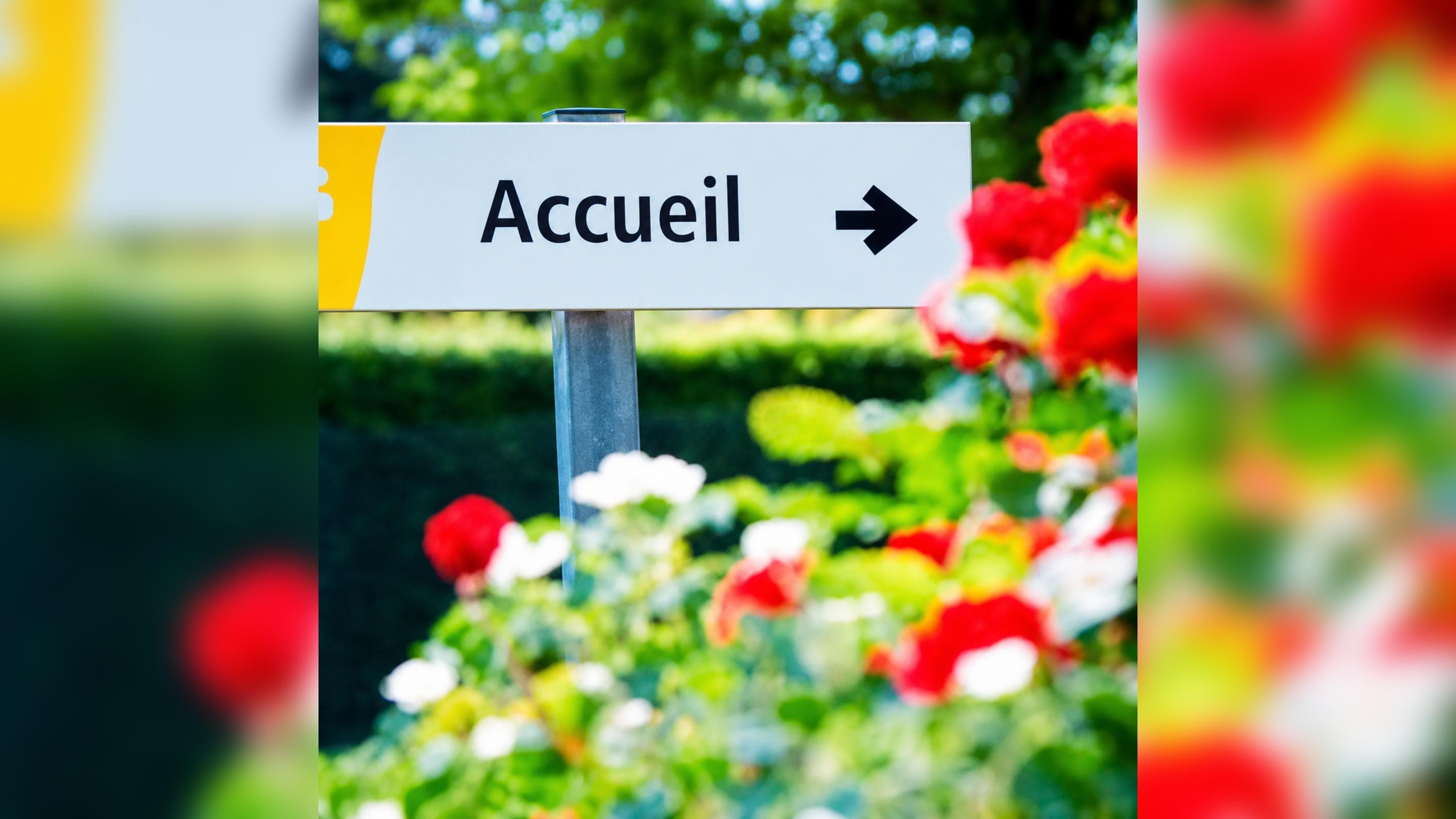 Una señal con la palabra 'Accueil' y una flecha apuntando a la derecha.