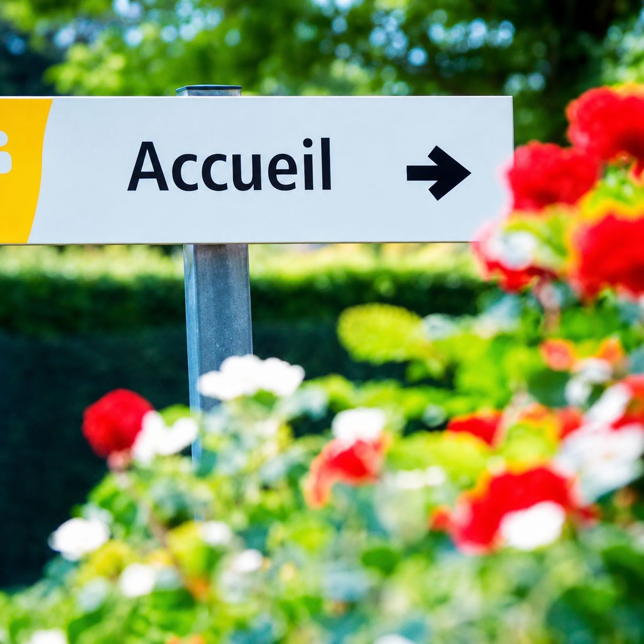 Uma placa de sinalização com a palavra 'Accueil' e uma seta apontando para a direita.