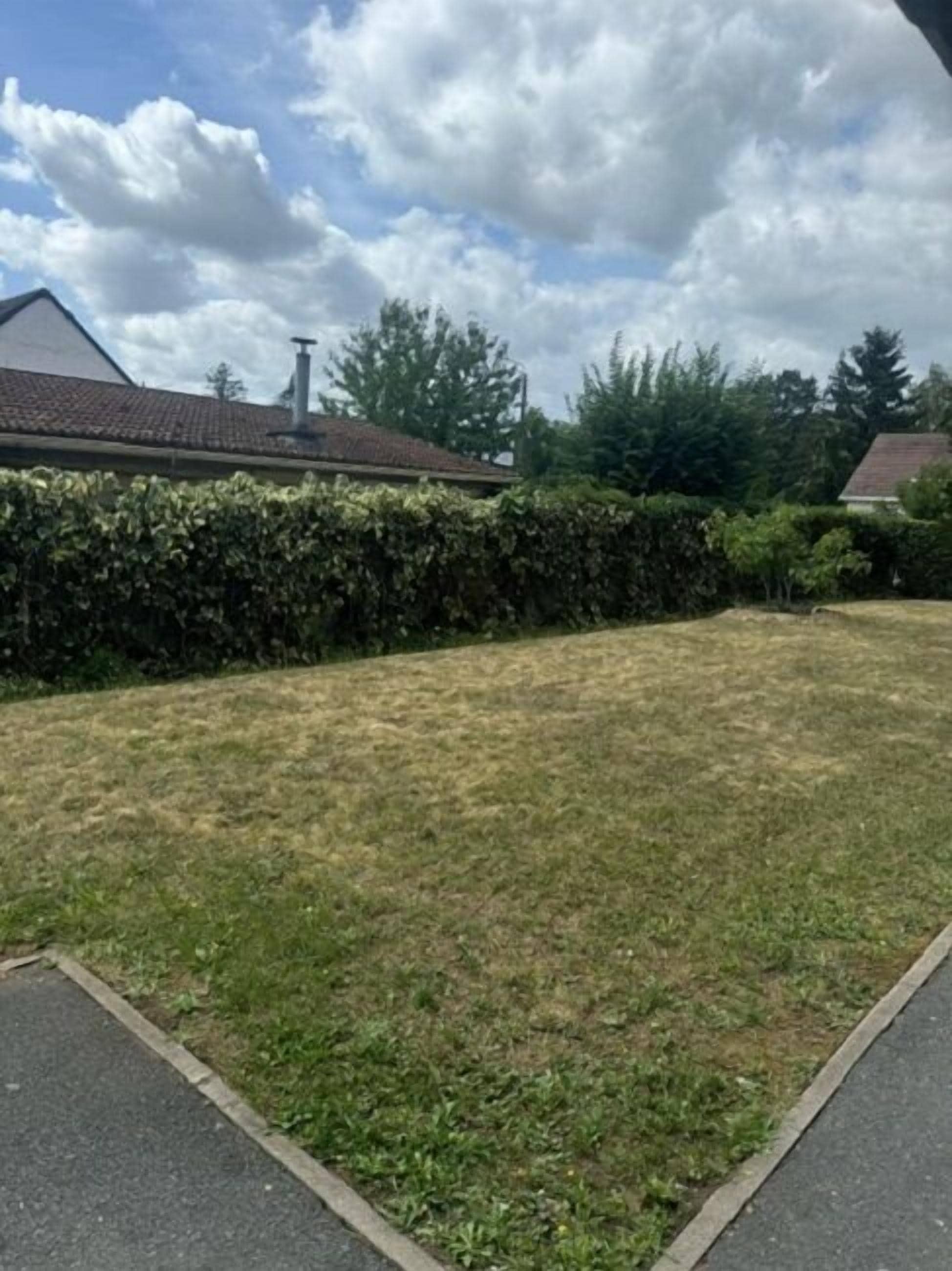 A grassy area with a paved path, a hedge, and a building with a tiled roof.