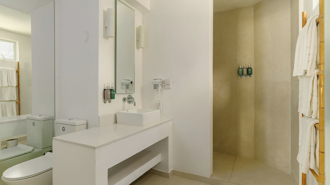 A modern bathroom with a white vanity, a large mirror, a shower, and a toilet.