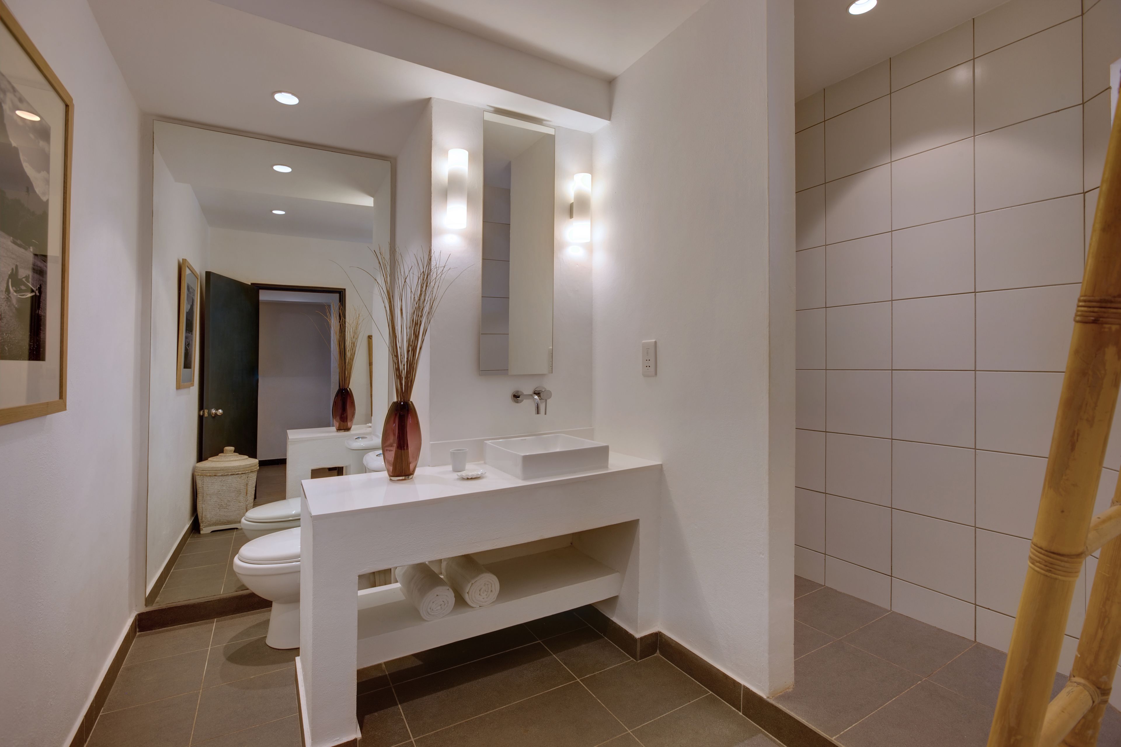 shower, designer toiletries, hair dryer, bathrobes