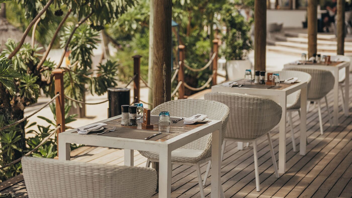 An outdoor dining area with wicker chairs and tables, surrounded by greenery and ropes.