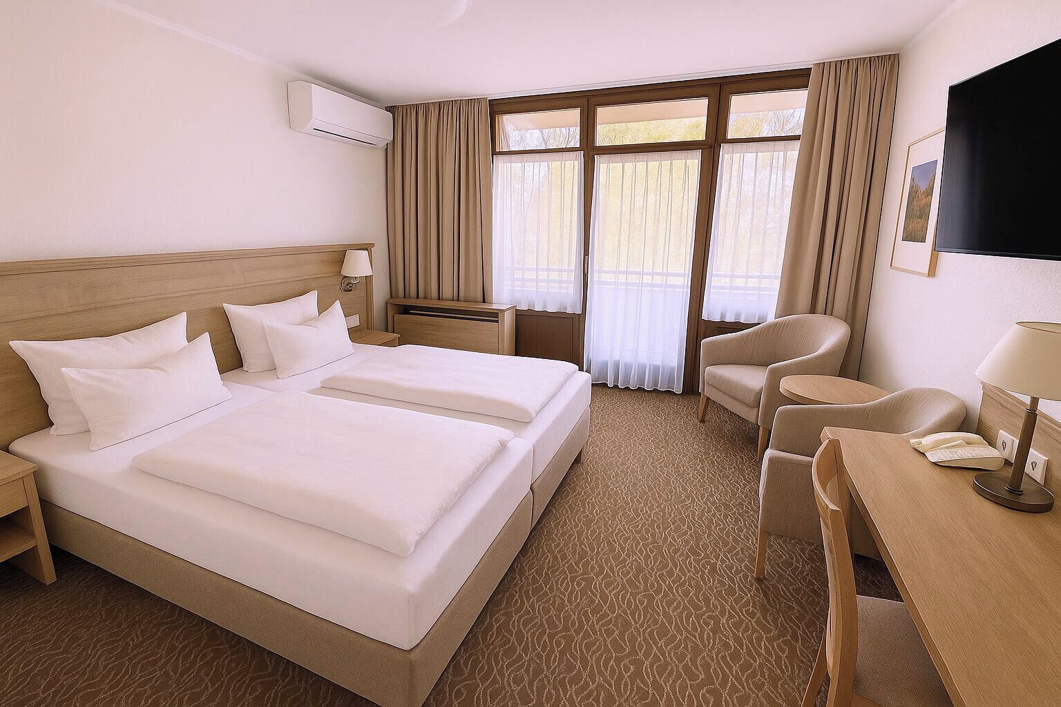 Ein Hotelzimmer mit zwei Betten, einem Schreibtisch, einem Sessel, einem Fernseher und einem Fenster mit Vorhängen.