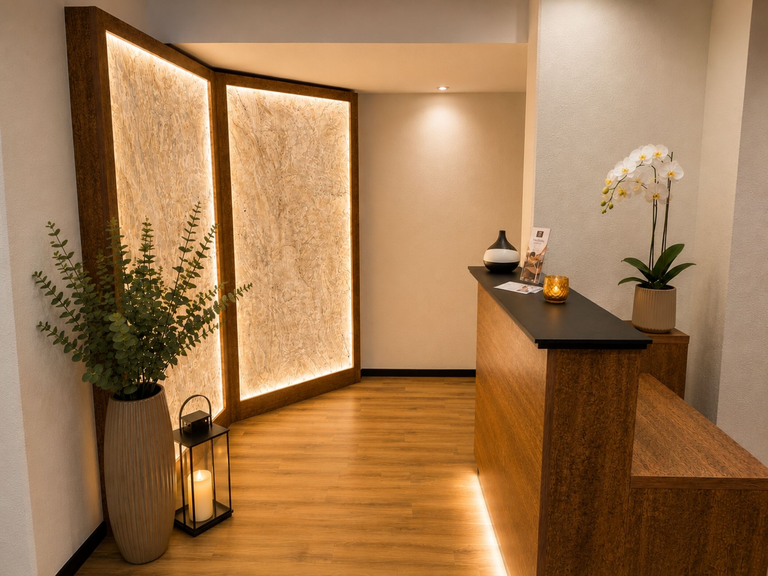 Ein Empfangsbereich mit einem Holzbüro, einem Blumentopf, einer Kerze und einer dekorativen Wandtafel.